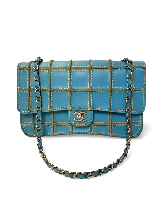 Chanel vintage turquoise wild stitch chocolate bar classic single flap