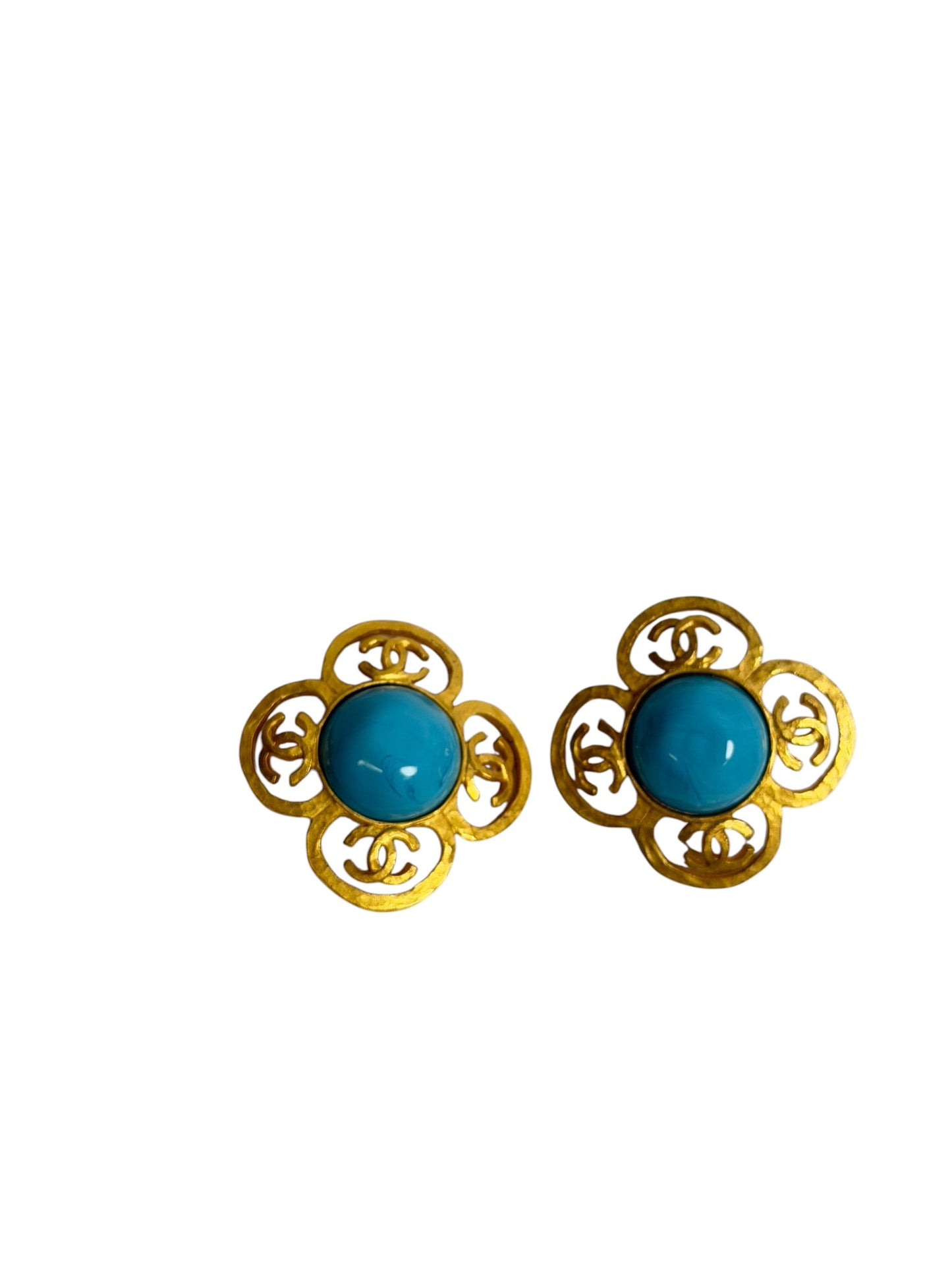 Chanel Vintage Turquoise Cabochon Gold CC Flower Clip-On Earrings T2576