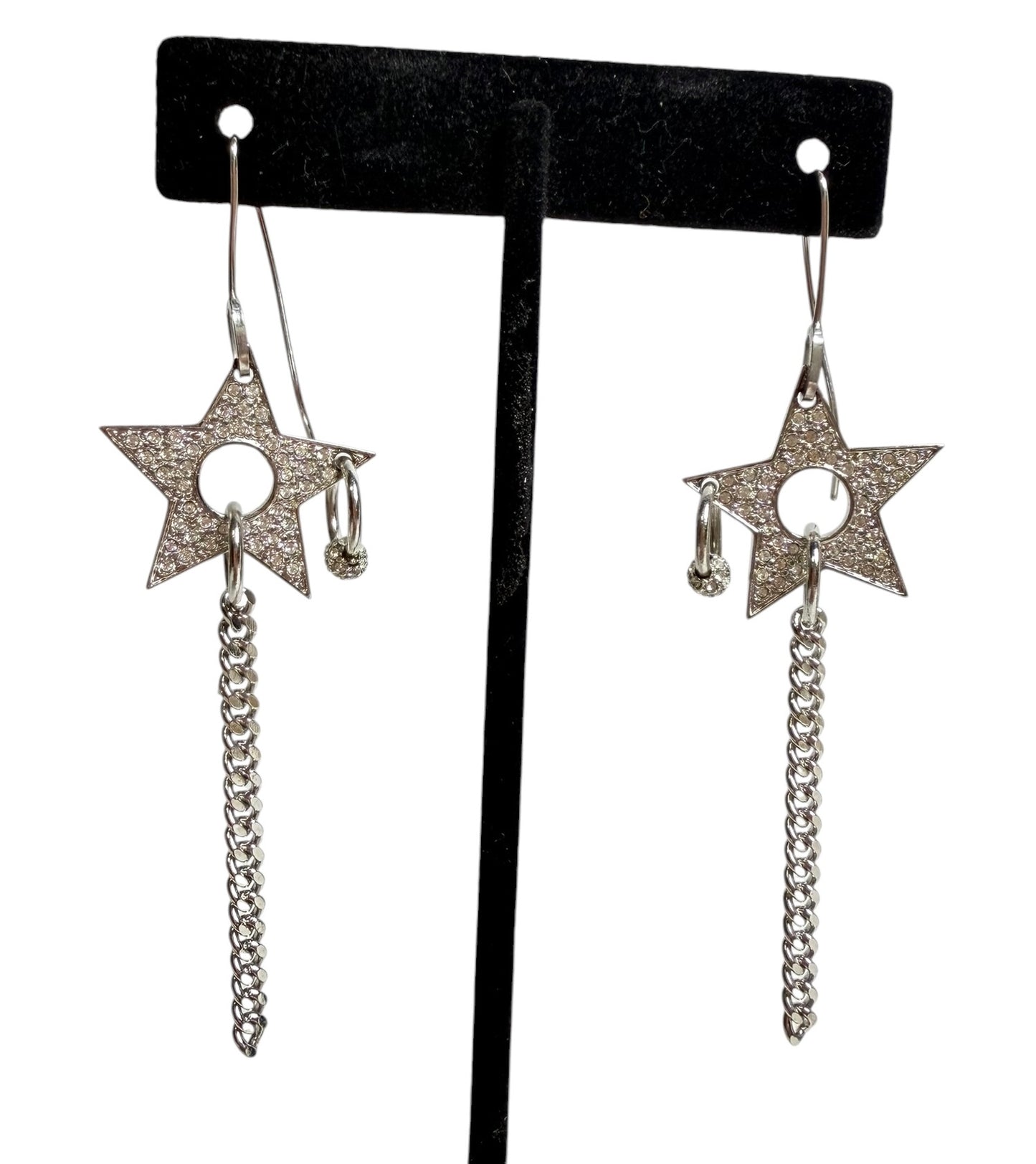 Dior Crystal Star Chain Drop Earrings Silver T4139