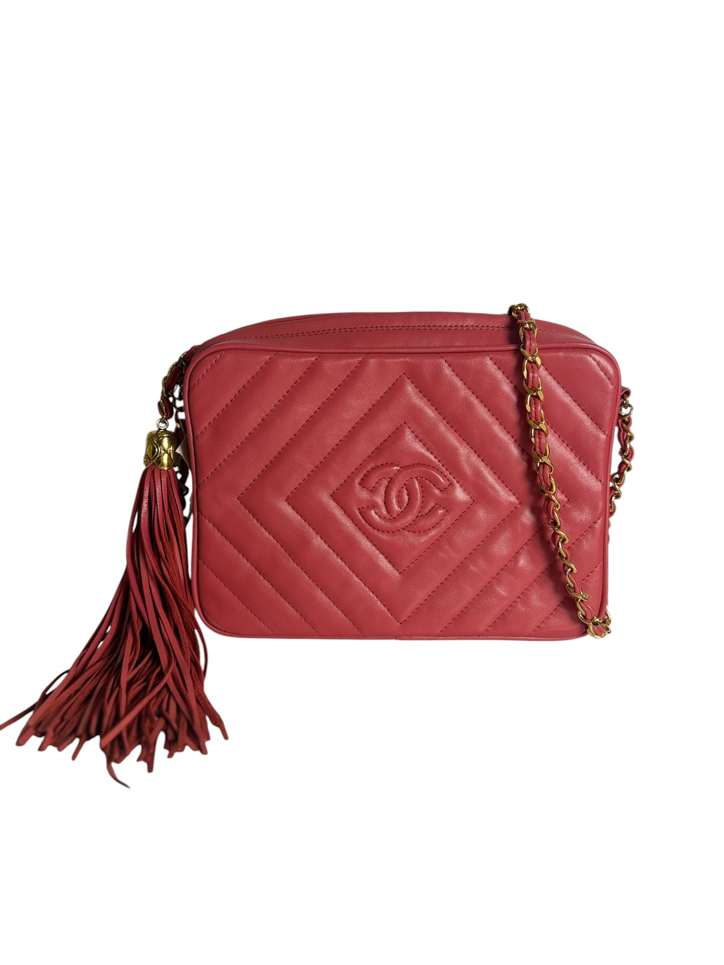 Chanel Chevron Tassel Camera Crossbody Bag Pink T7571