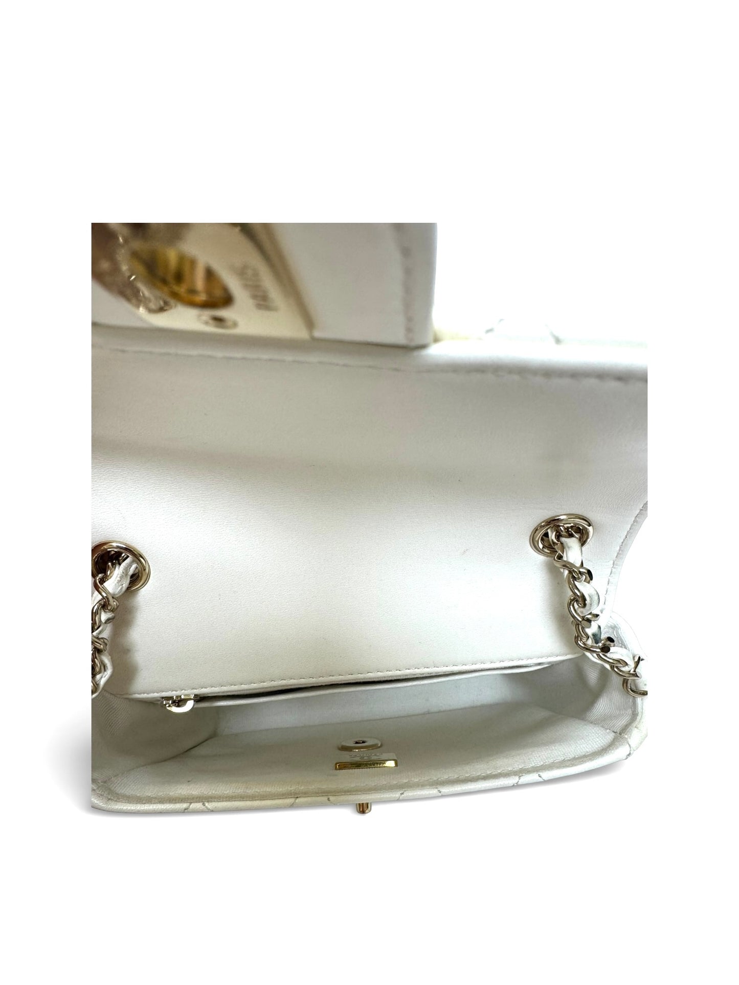 Chanel white iridescent lamb charm mini limited edition flap