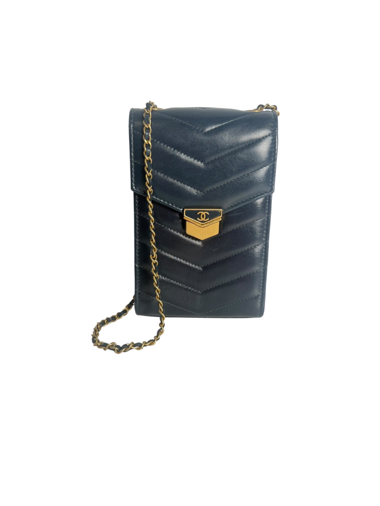Chanel Black Chevron Quilted Leather Phone Holder Chain Crossbody Bag T5353