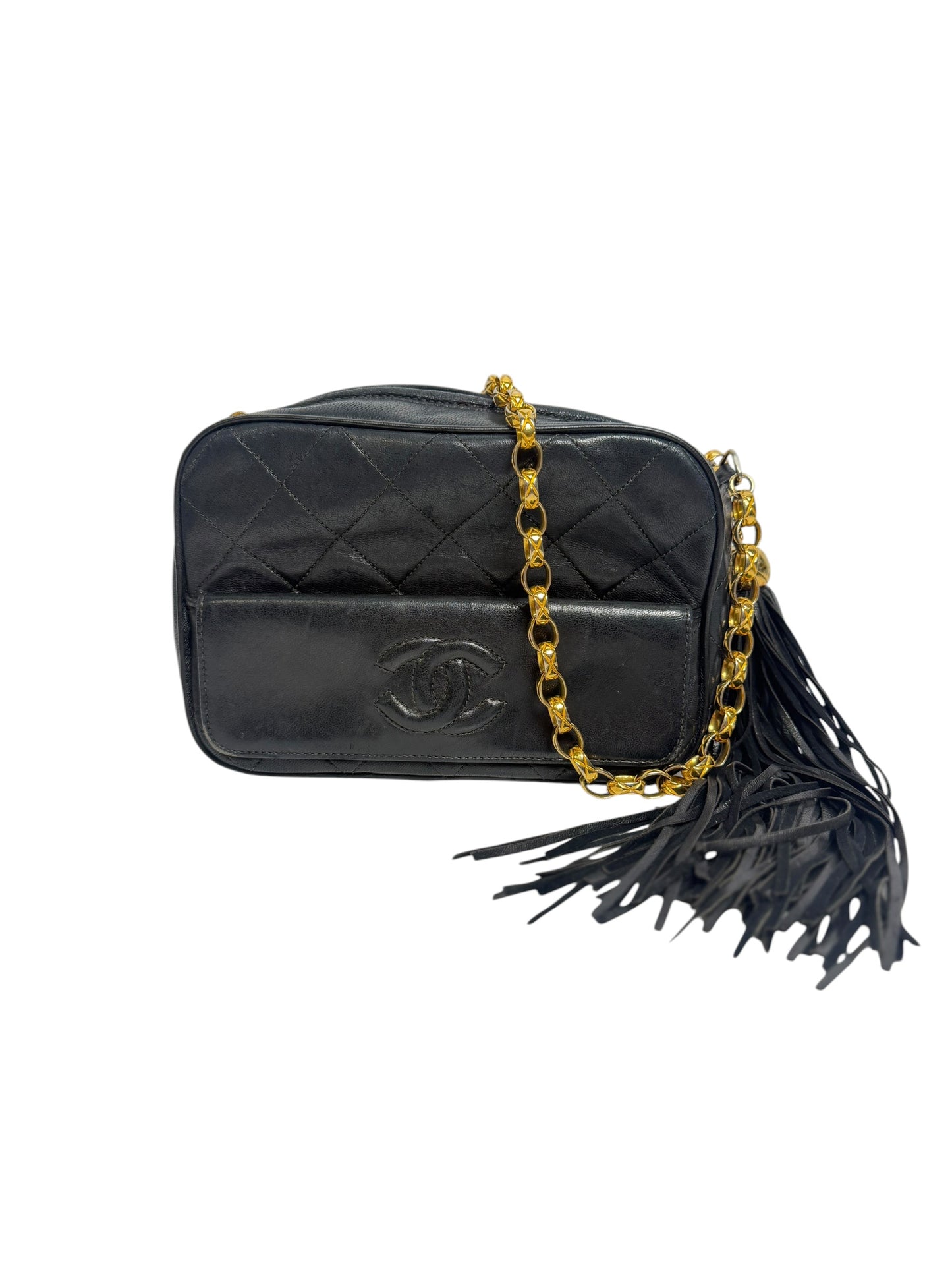 Chanel Black Quilted Leather Fringe Tassel Camera Crossbody Bag T7115