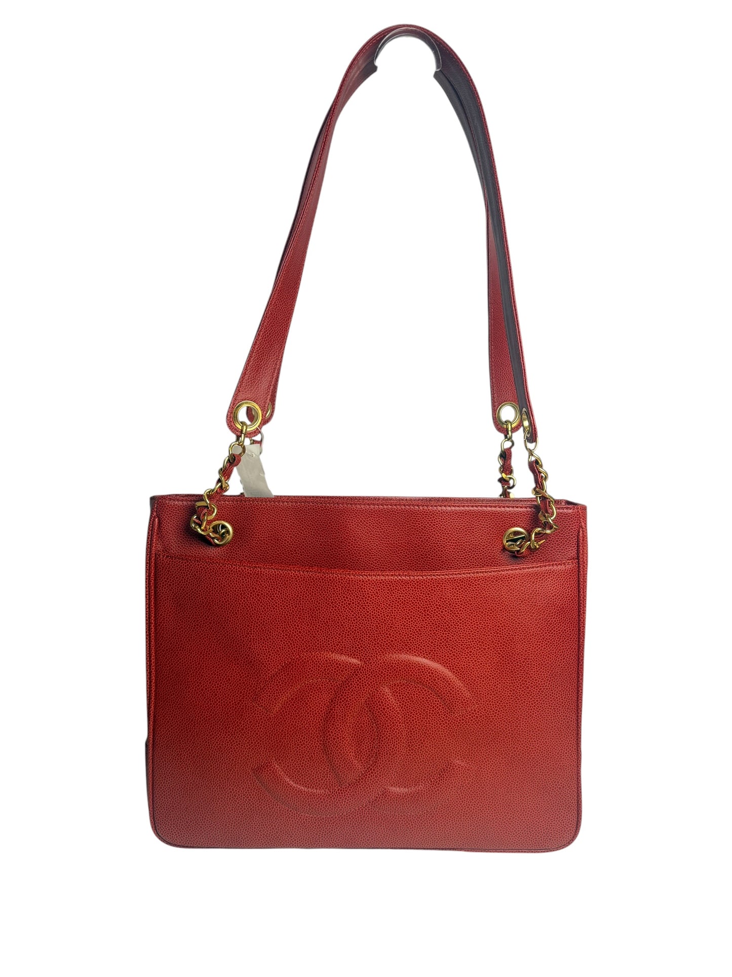 Chanel Red Caviar Leather CC Logo Shoulder Tote Bag T7572