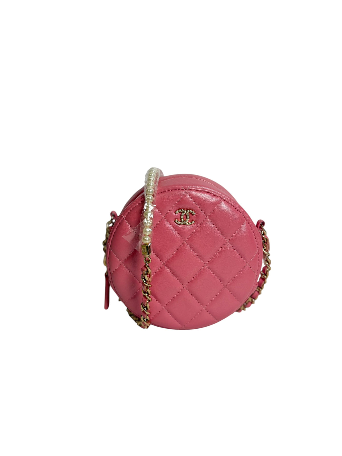 Chanel Quilted Pearl Chain Round Crossbody Bag Pink T8312