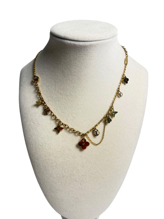 Louis Vuitton Monogram Flower Charm Chain Necklace Gold T3550