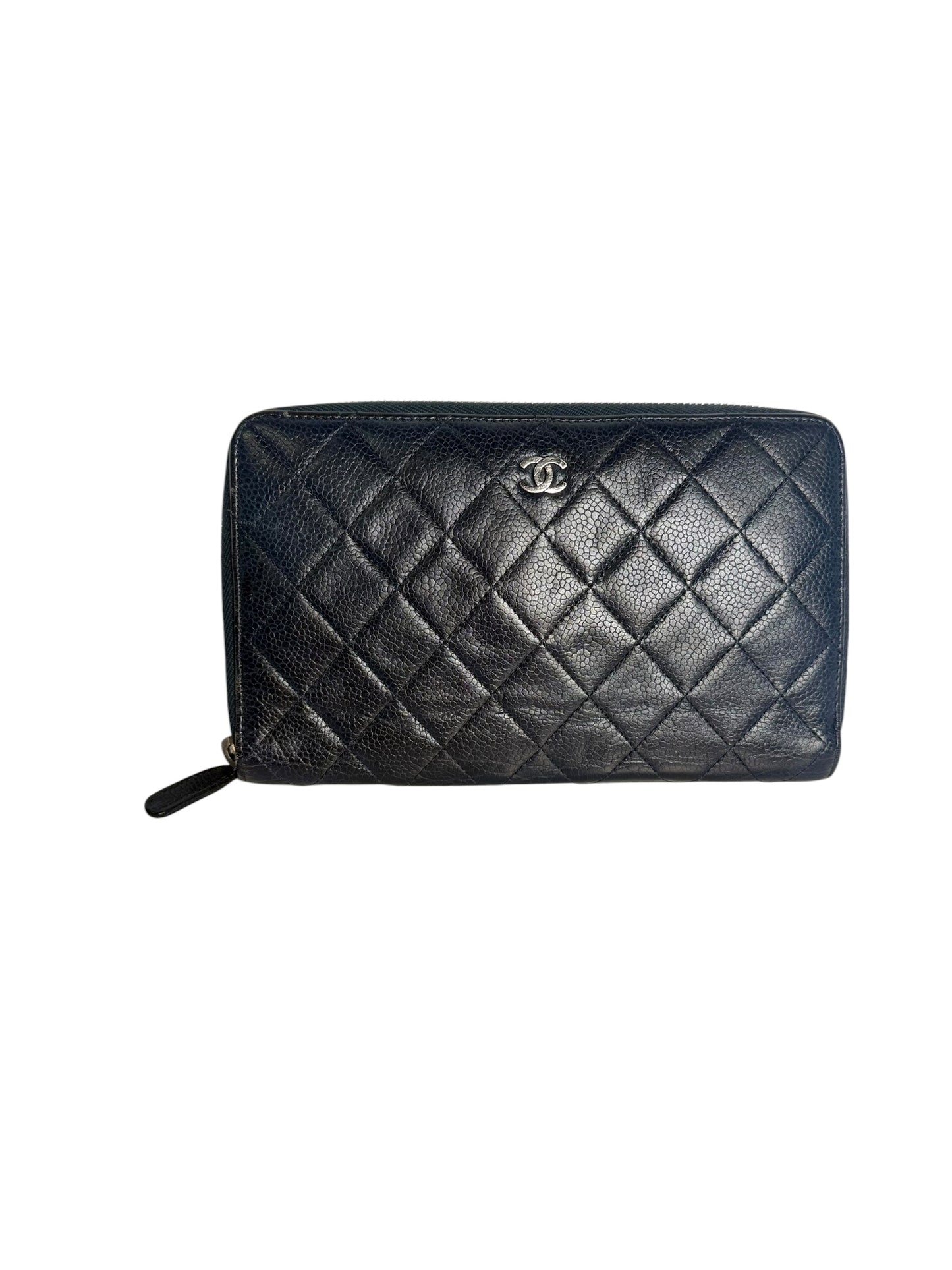 Chanel Classic Quilted Caviar Zip Around Wallet Navy T8283