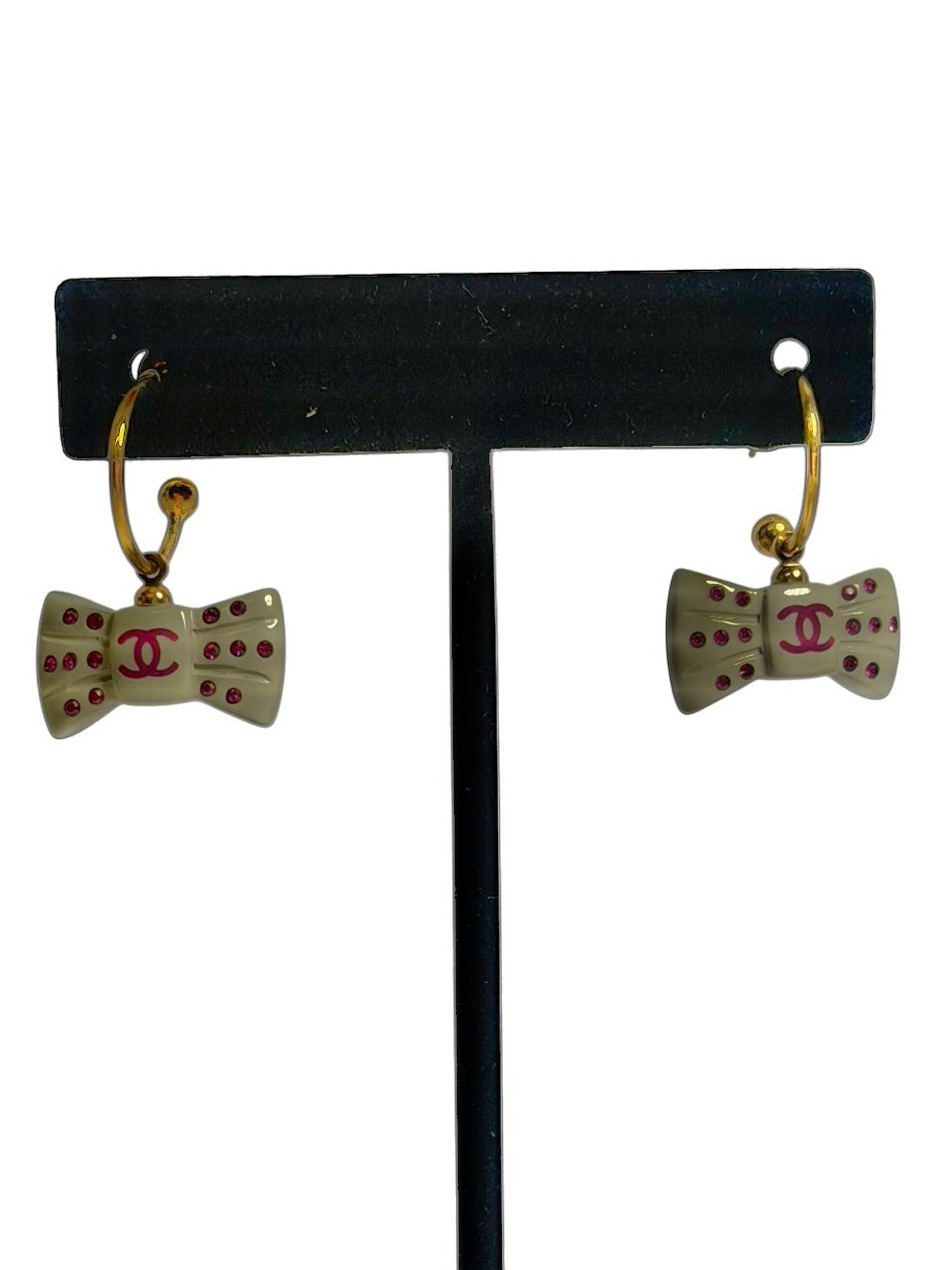 Chanel White Pink CC Bow Drop Earrings T3182