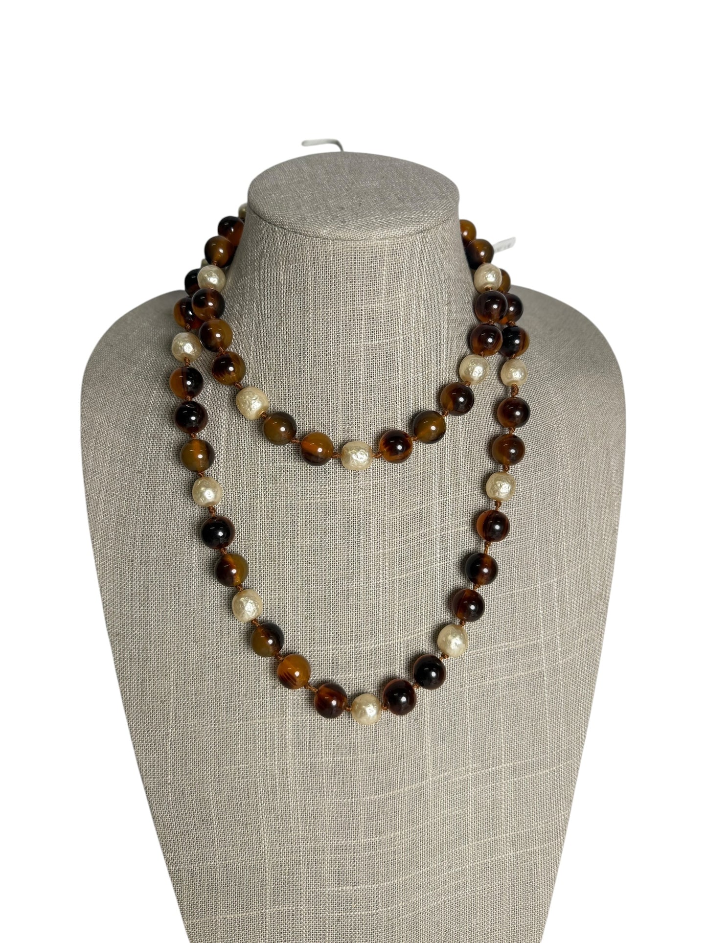 Chanel Vintage Tortoiseshell Pearl Beaded Necklace Brown Cream T9528