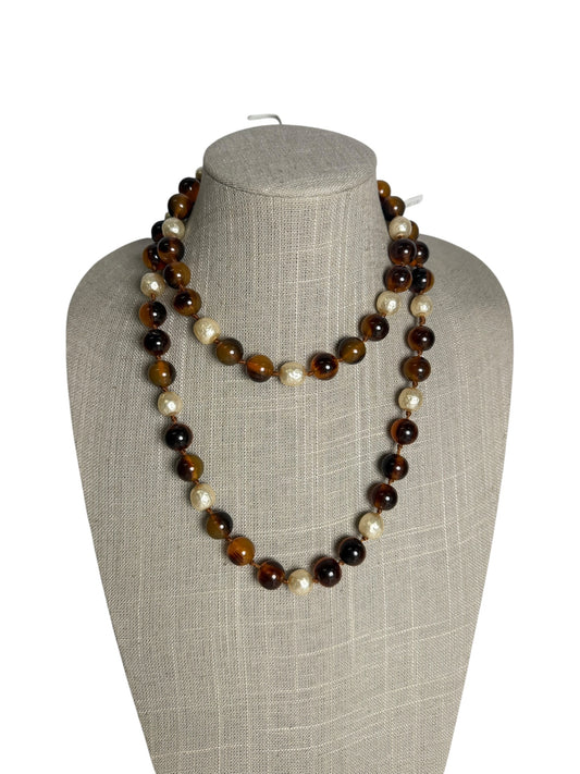 Chanel Vintage Tortoiseshell Pearl Beaded Necklace Brown Cream T9528