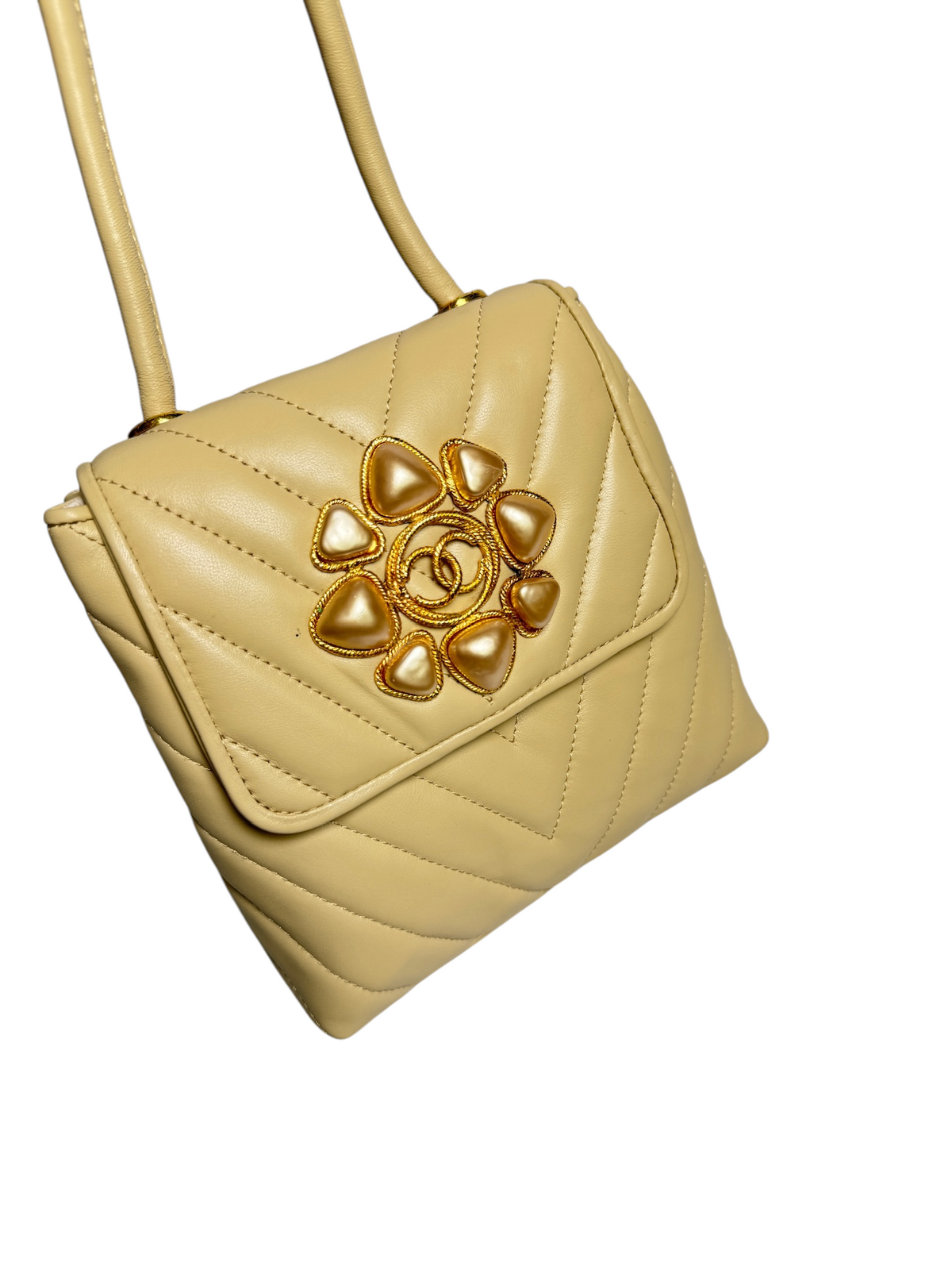 Chanel Chevron Pearl Logo Beige Flap T8495