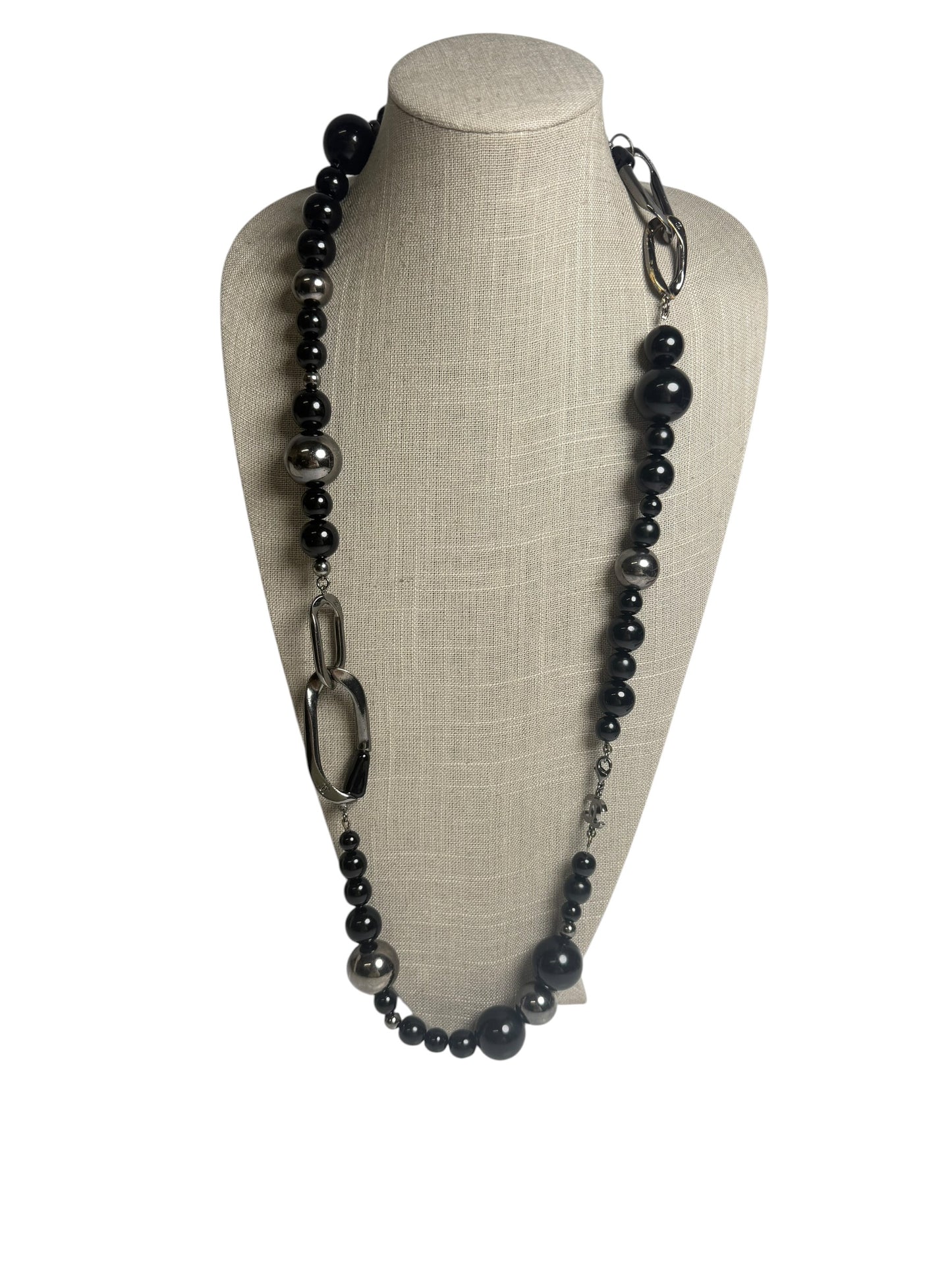Chanel Beaded Chain Statement Necklace Black Silver T3368