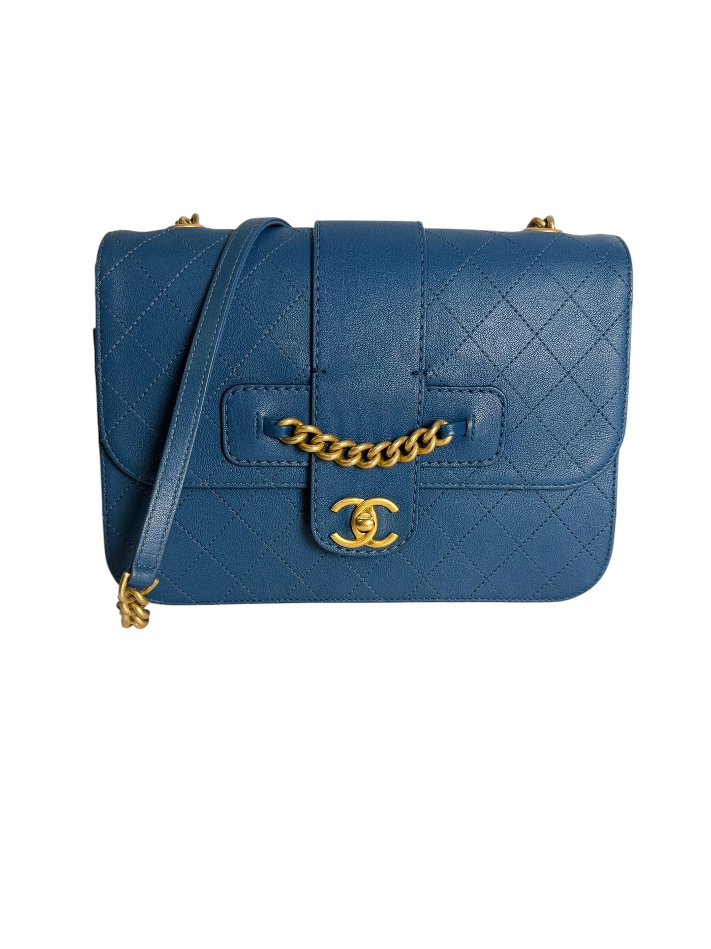 Chanel Quilted Chain Flap Shoulder Bag Blue T8492