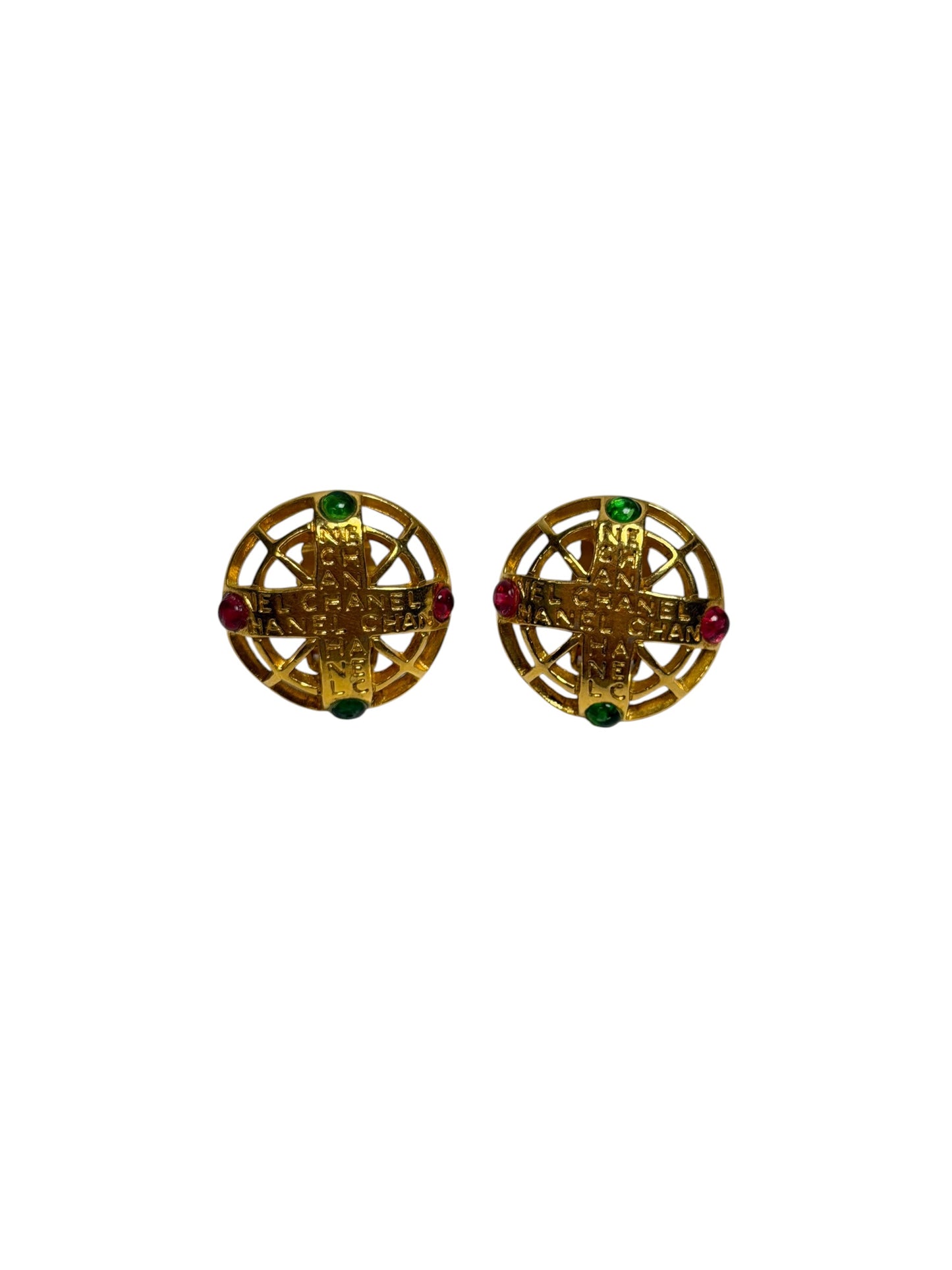 Chanel Vintage Gold Globe Logo Clip-On Earrings T0614