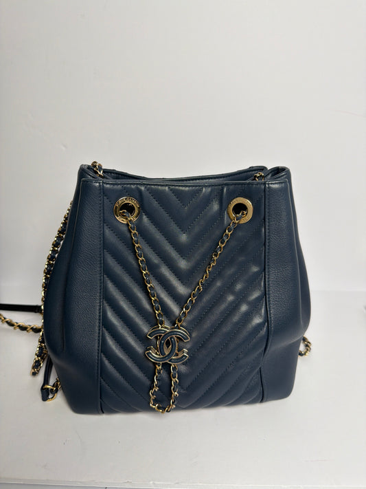 Chanel navy Chevron bucket