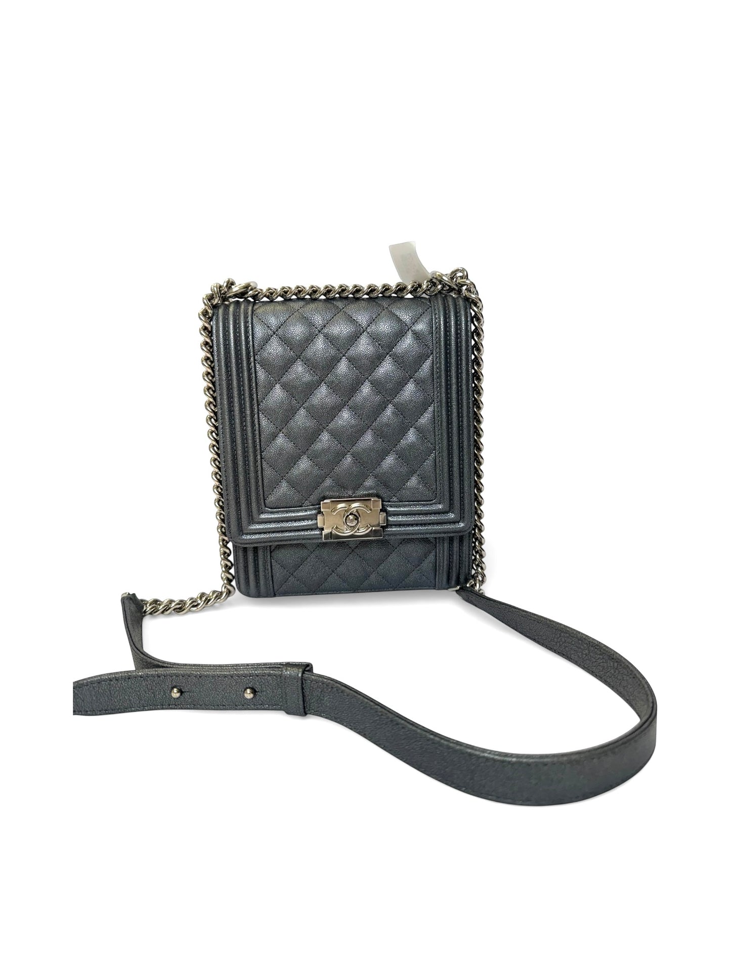 Chanel silver caviar North/West boy bag