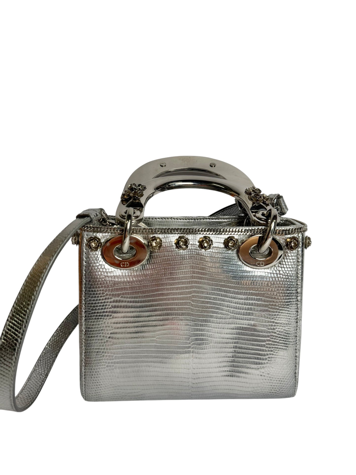 Christian Dior Mini Lady Dior Lizard Silver Metallic Handle