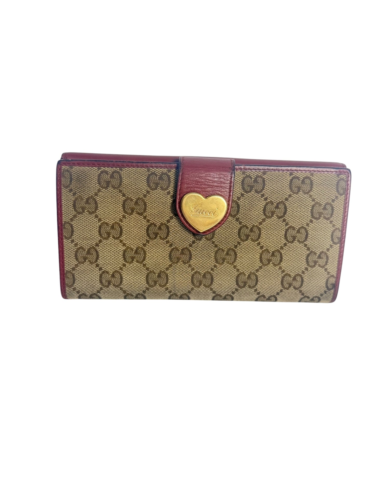 Gucci GG Canvas Heart Continental Wallet Brown Red T7486