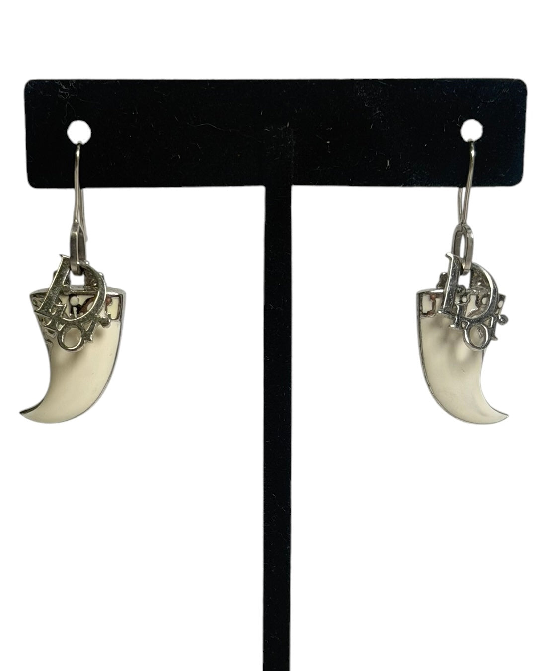 Dior Silver Logo Tooth Charm Drop Earrings T3578