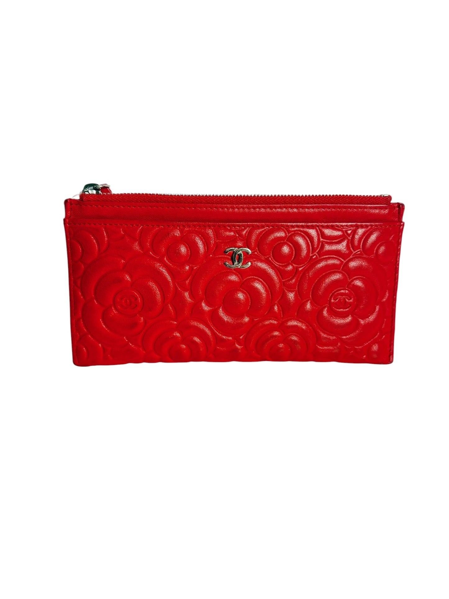 Chanel Camellia Embossed Leather Zip Pouch Red T6460