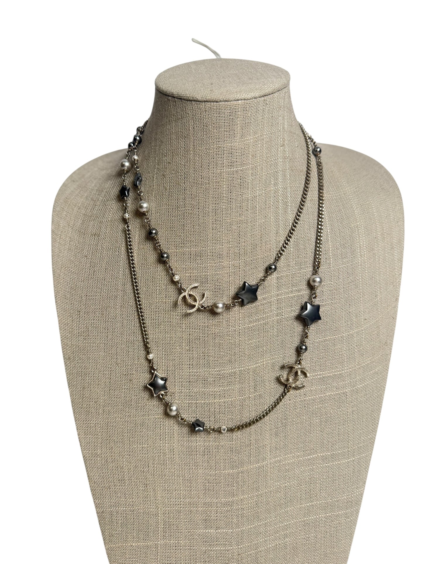 Chanel Star Pearl CC Long Necklace Silver Black T9096