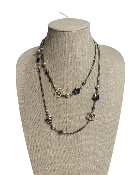 Chanel Star Pearl CC Long Necklace Silver Black T9096