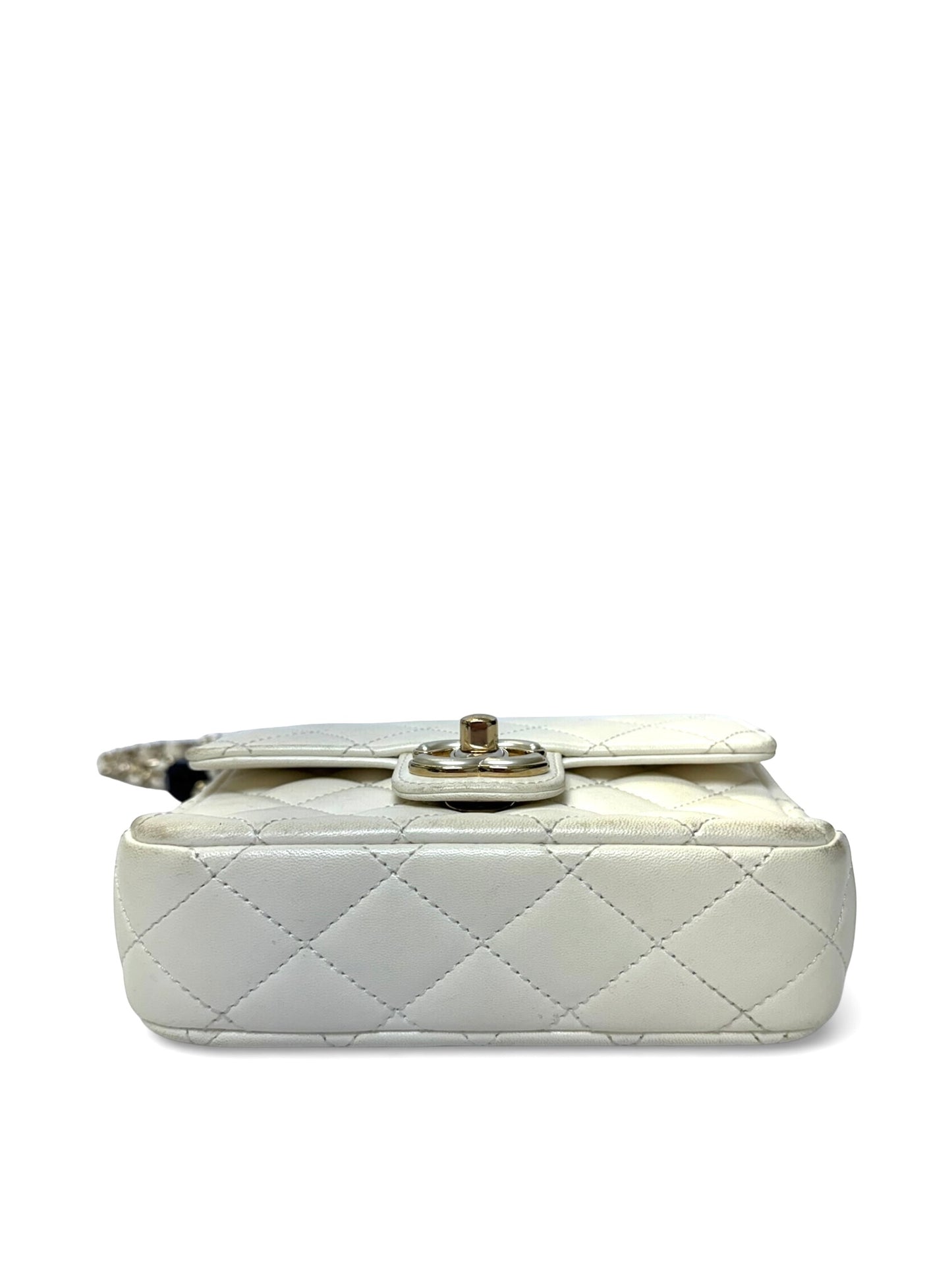 Chanel white iridescent lamb charm mini limited edition flap