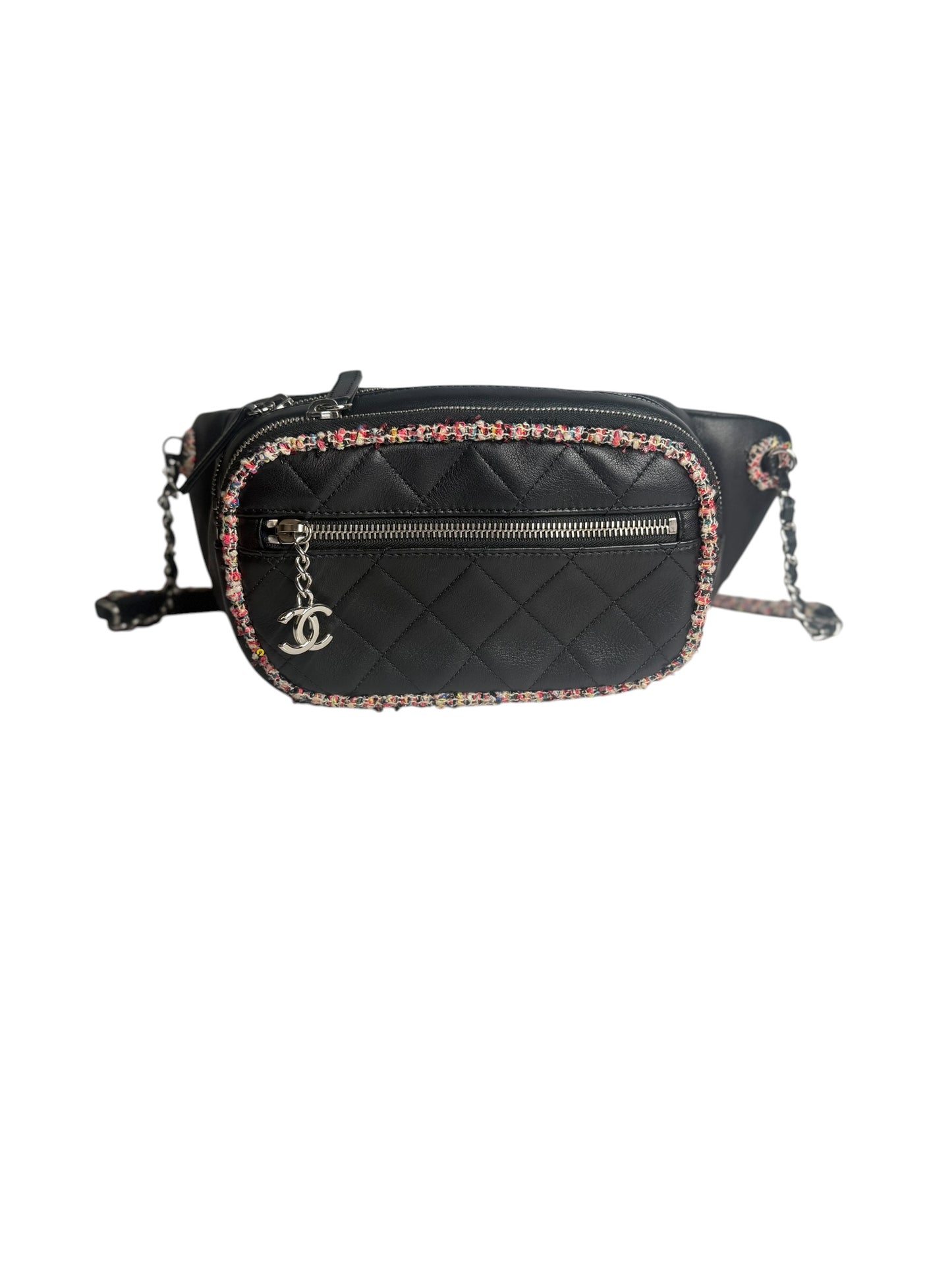 Chanel Black Quilted Leather Tweed Trim Waist Bag / Belt Bag T6270