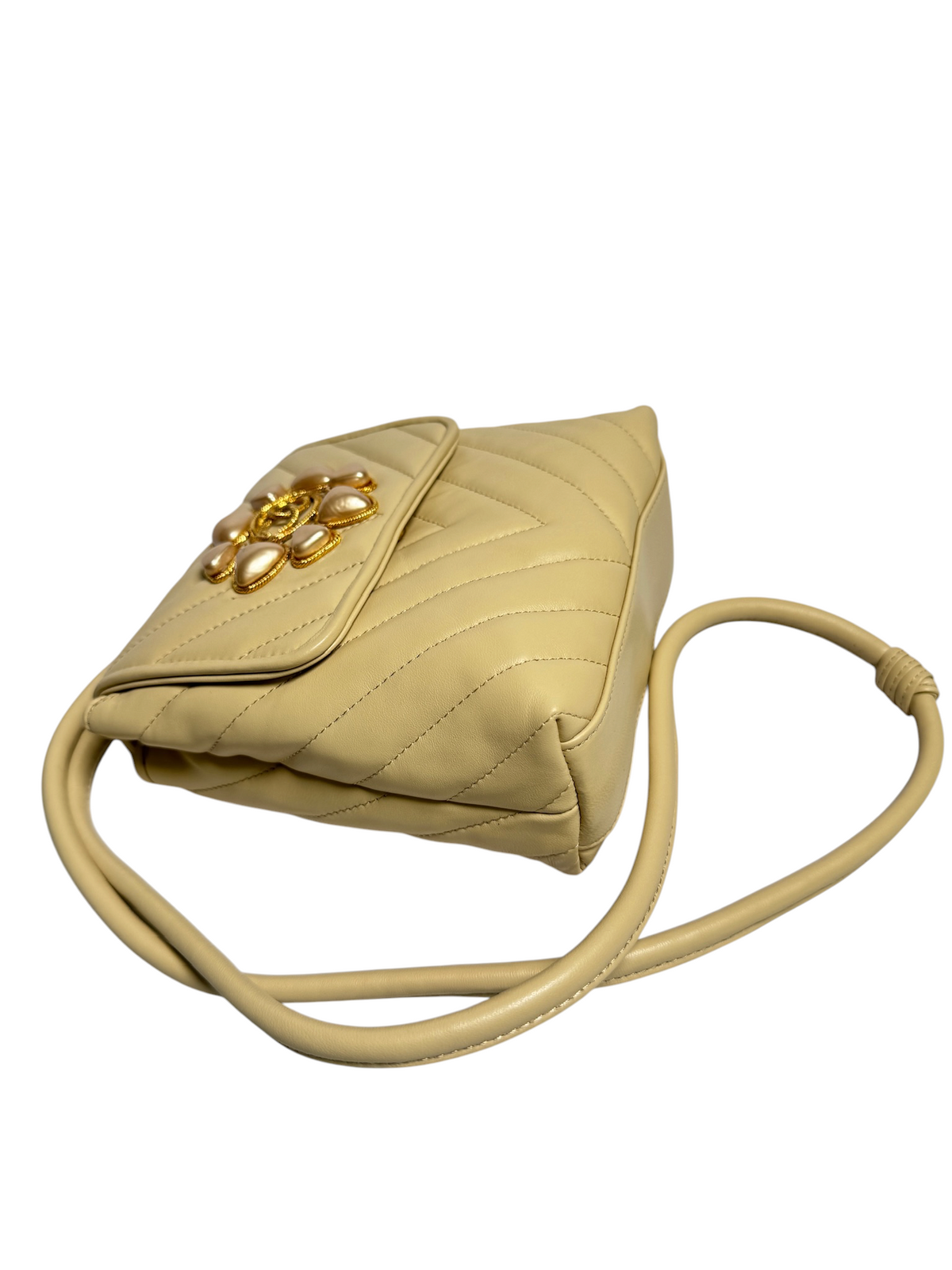 Chanel Chevron Pearl Logo Beige Flap T8495