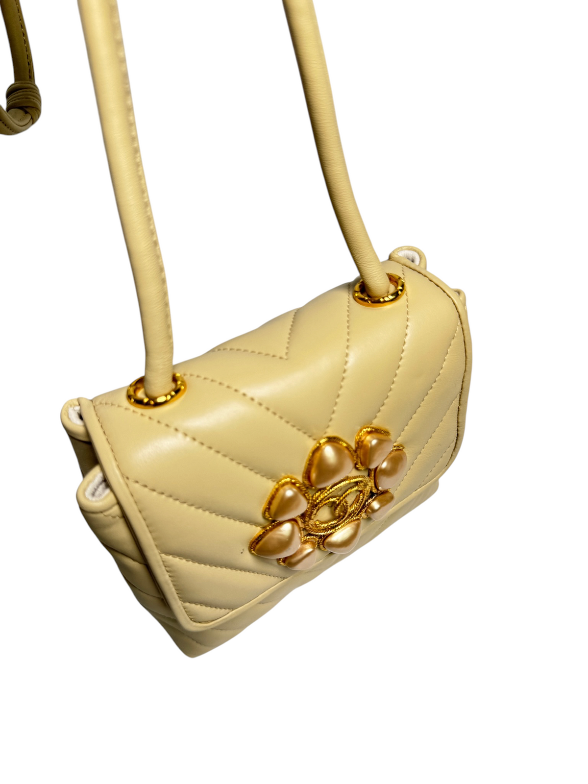 Chanel Chevron Pearl Logo Beige Flap T8495