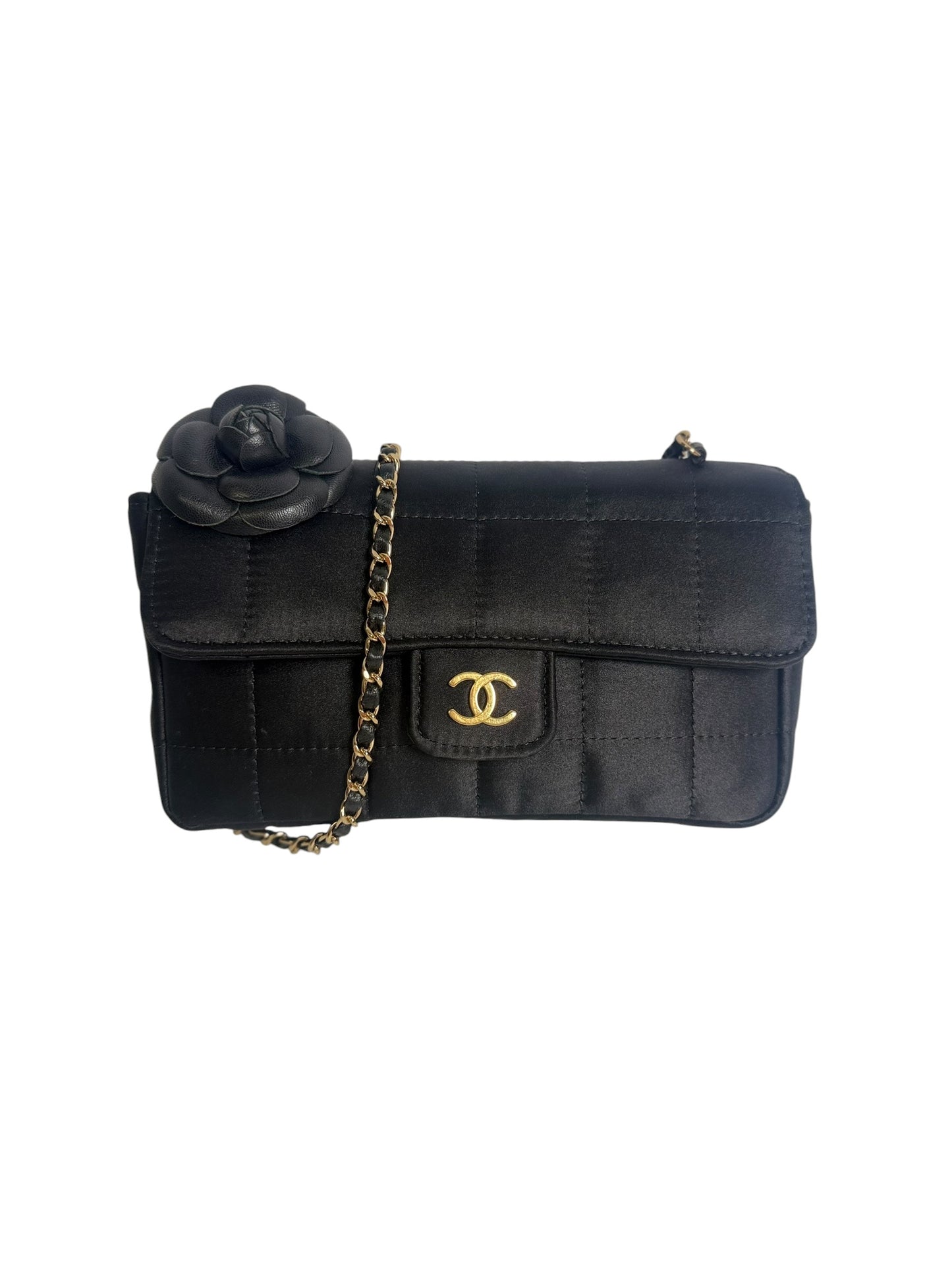 Chanel Camellia Satin Chain Shoulder Bag Black T8622