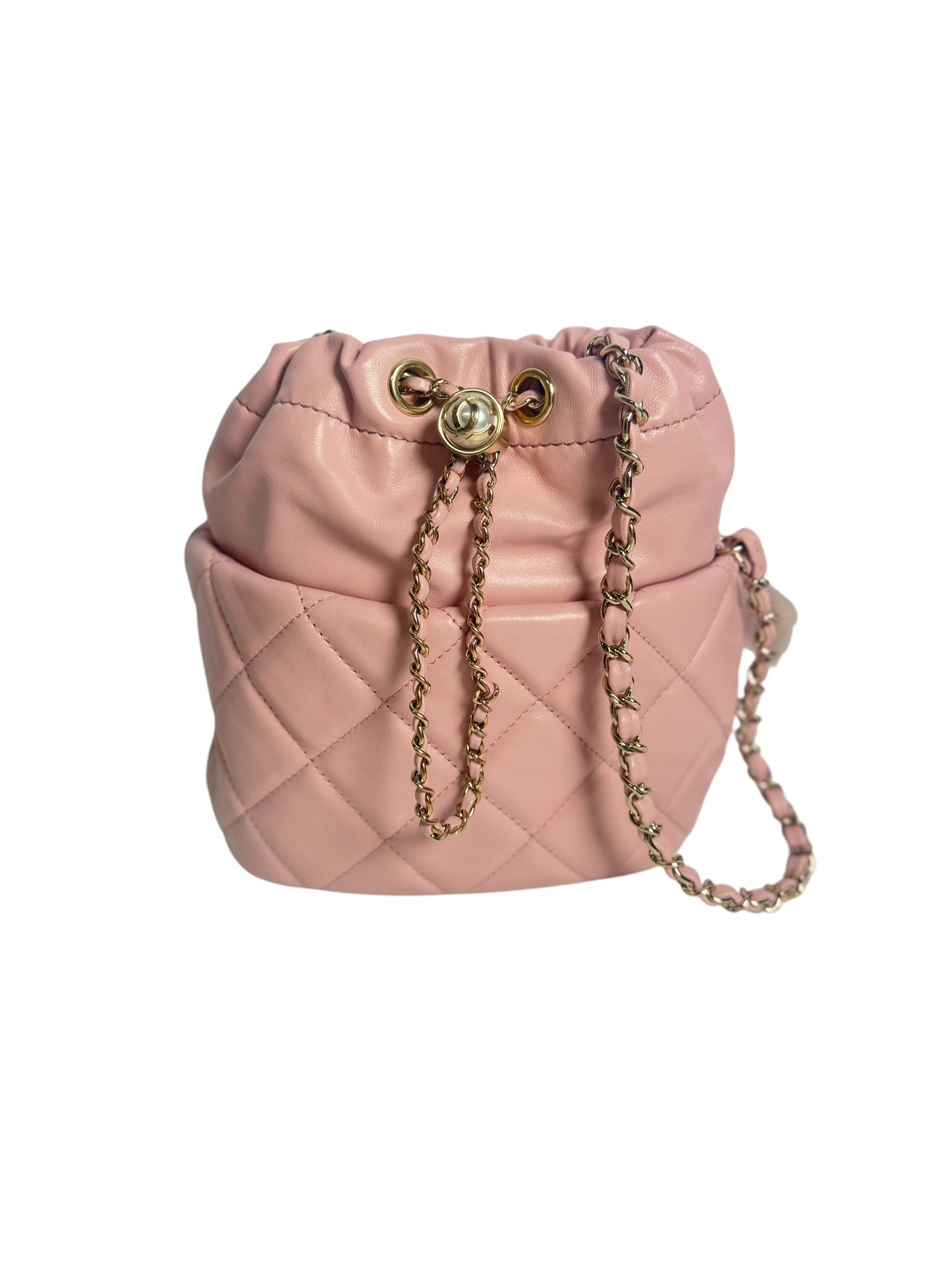 Chanel Quilted Leather Drawstring Bucket Bag Pink T8252