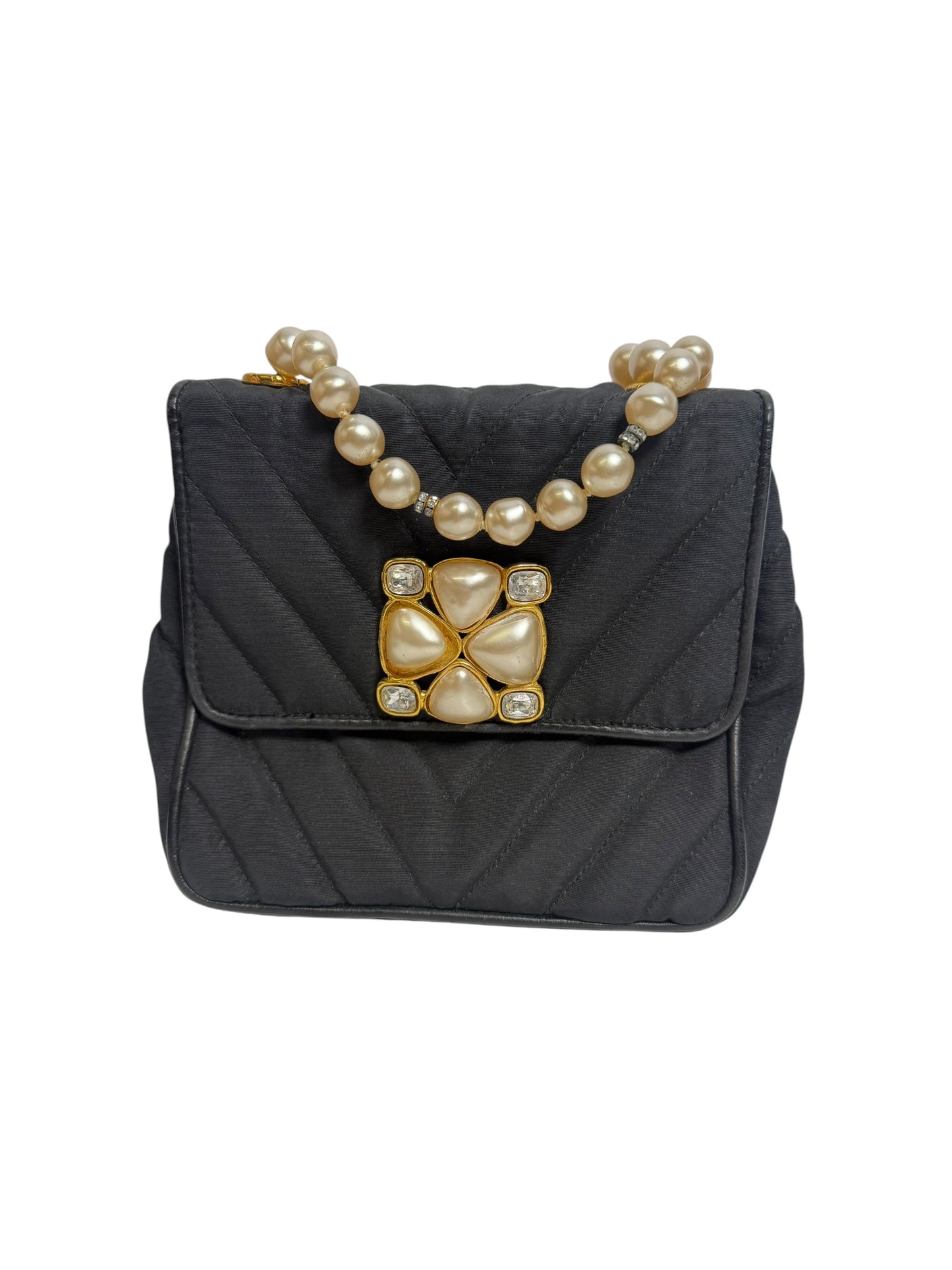 Chanel Vintage Black Satin Pearl Handle Evening Bag T7164