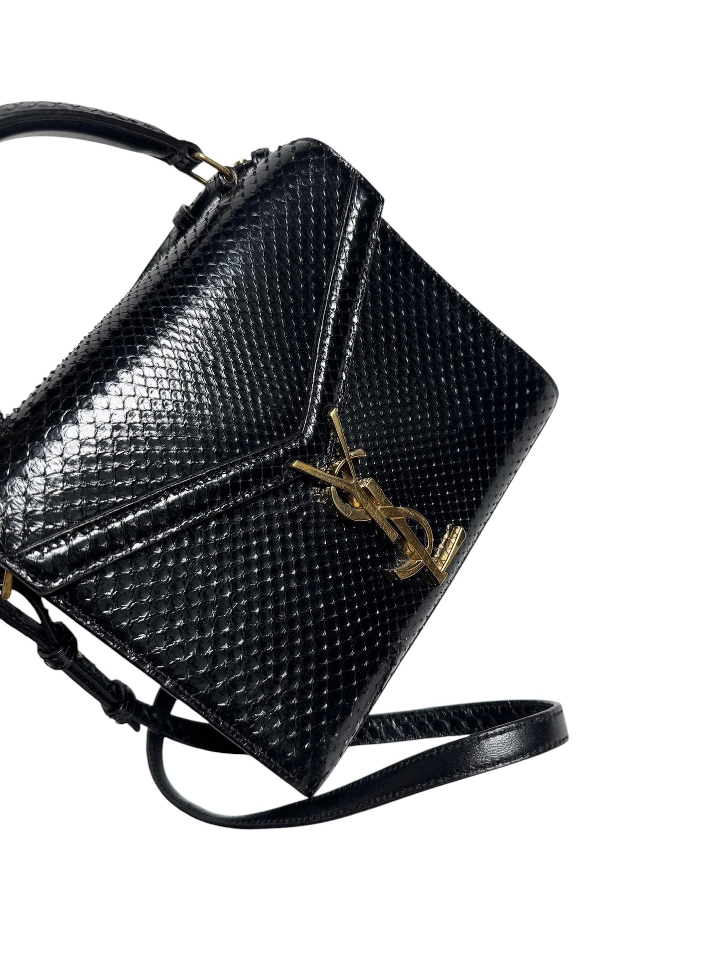 Saint Laurent Black Snakeskin Cassandra Top Handle Bag Small