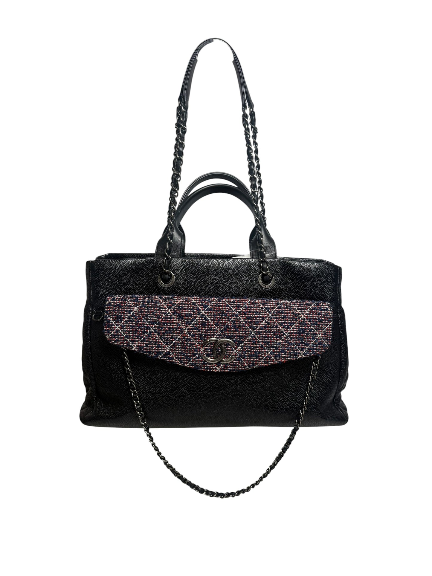 Chanel Black Caviar Leather Tweed Flap Tote Bag T7576