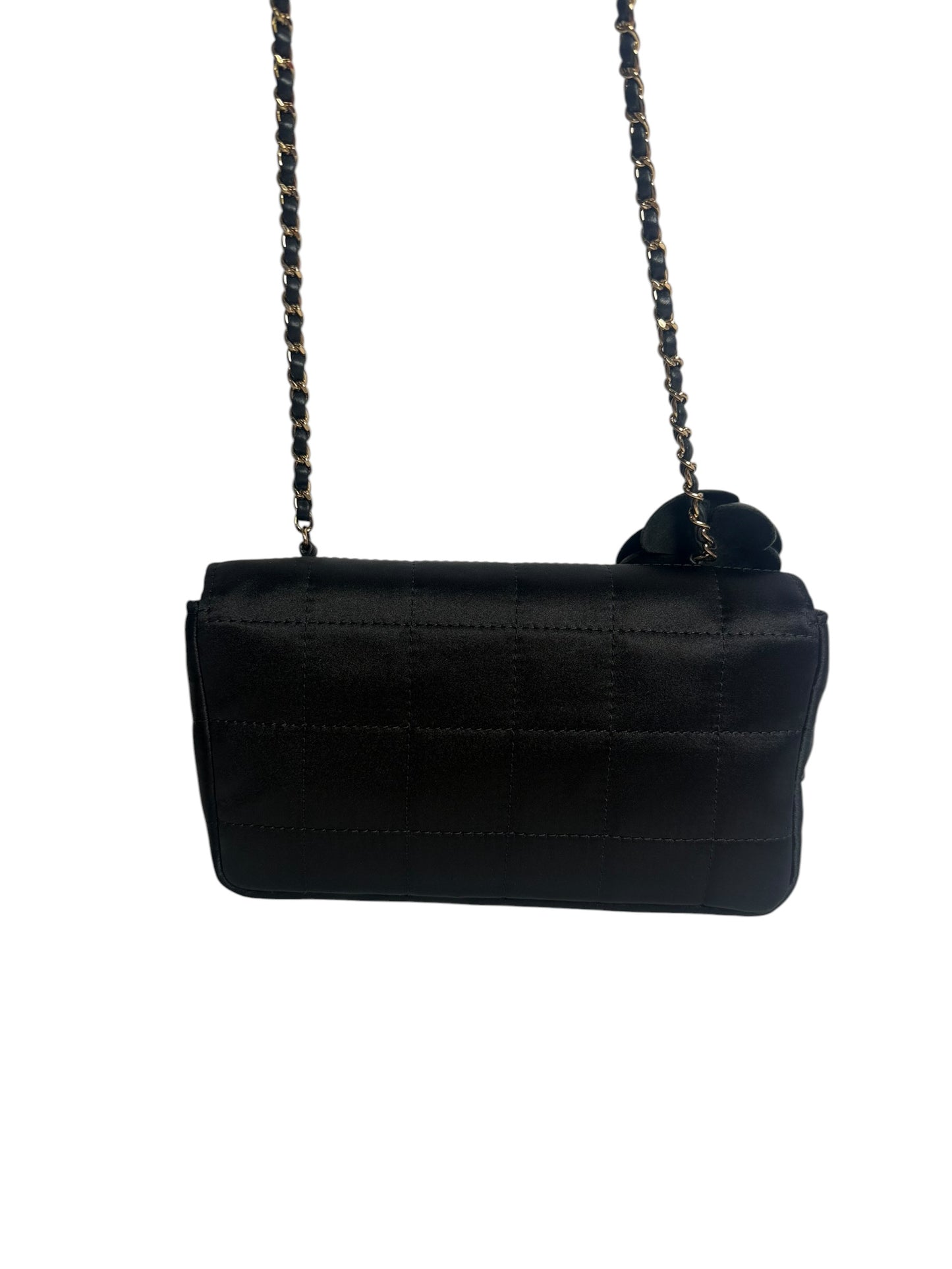 Chanel Camellia Satin Chain Shoulder Bag Black T8622