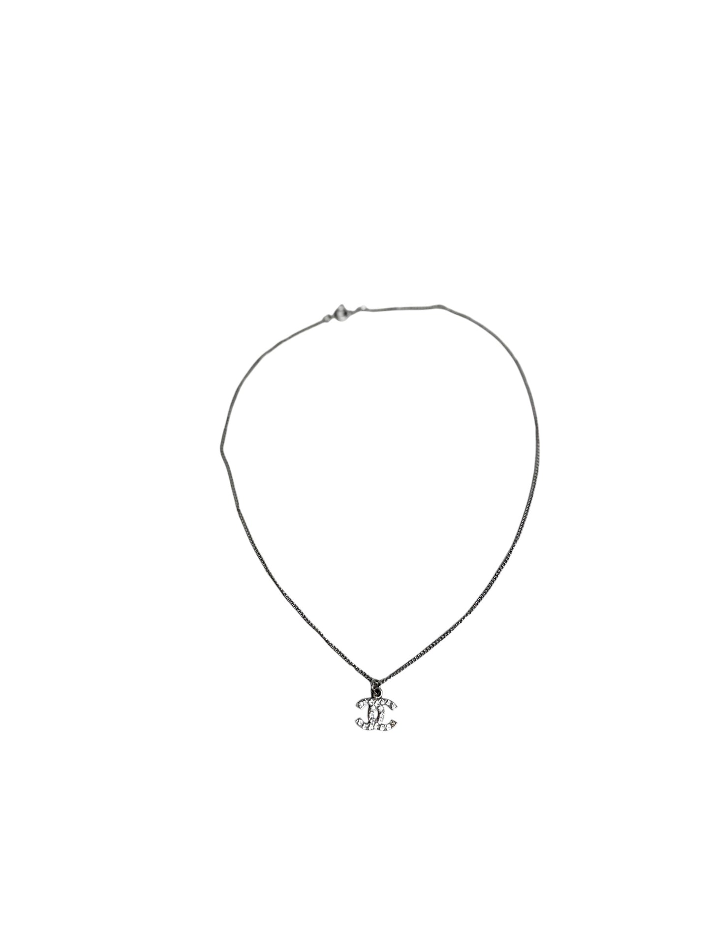 Chanel Crystal CC Pendant Necklace Silver T6993