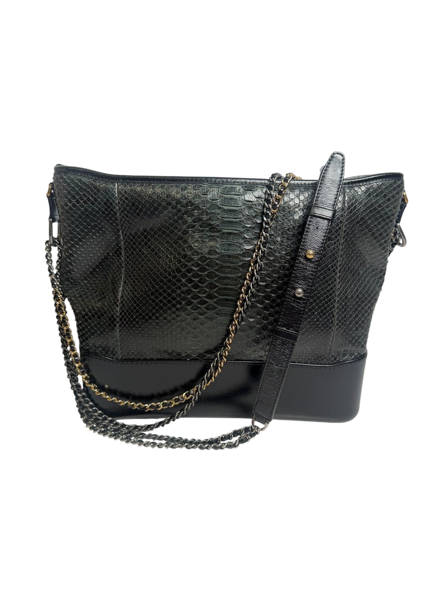 Chanel Black Python Leather Chain Shoulder Tote Bag T2337