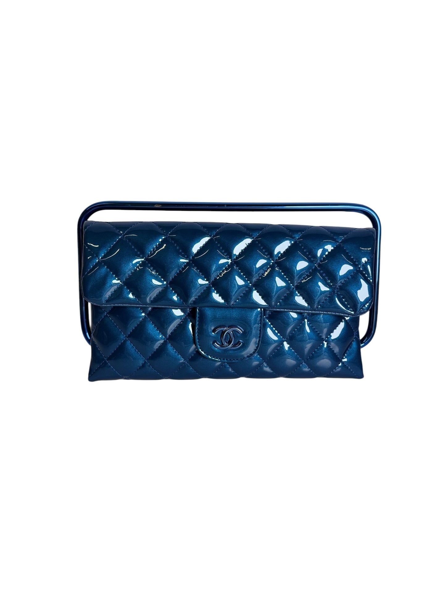 Chanel Classic Flap Patent Leather Frame Clutch Blue T8496