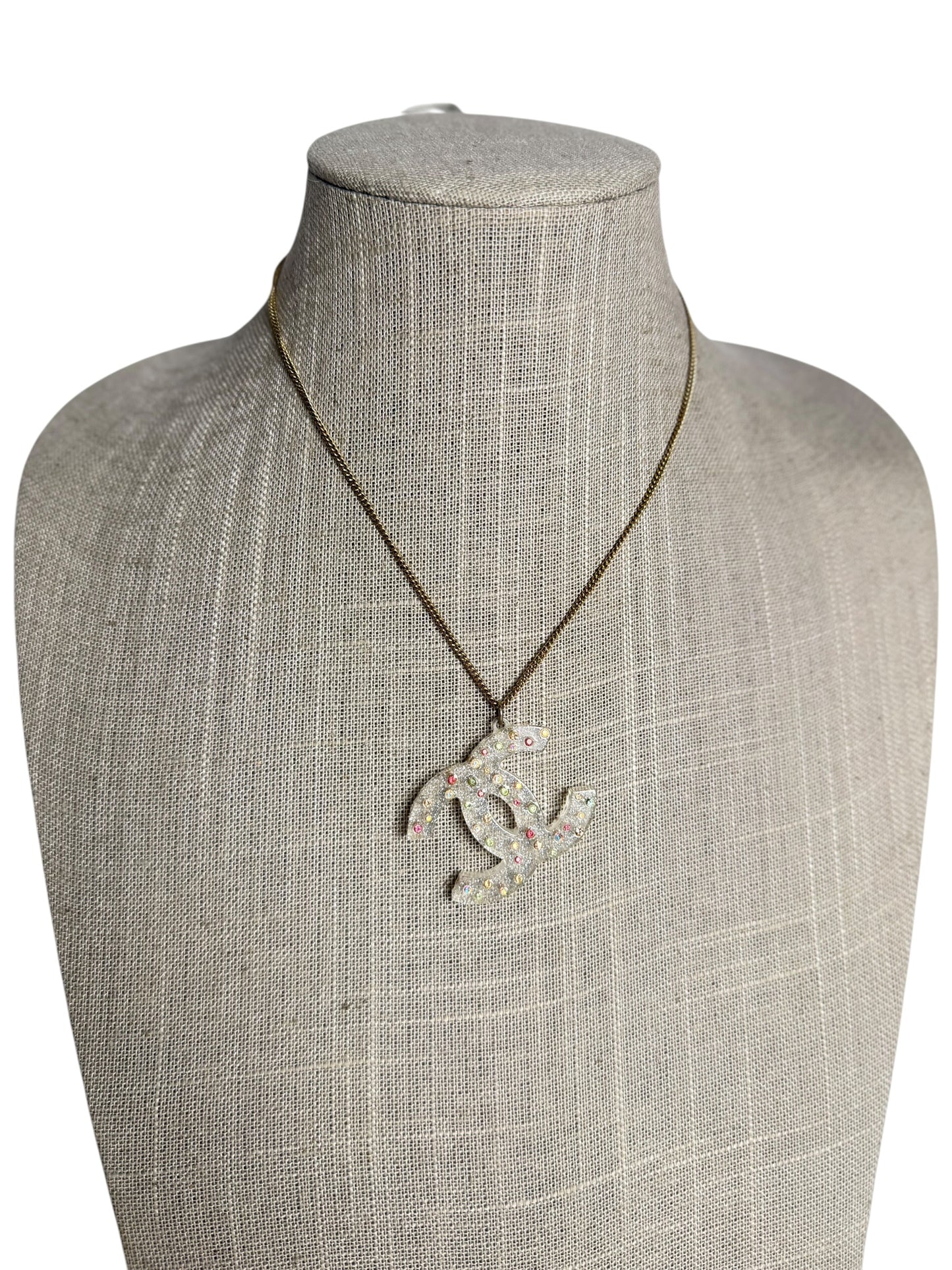 Chanel Crystal CC Logo Pendant Necklace Gold Silver Multicolor T2578
