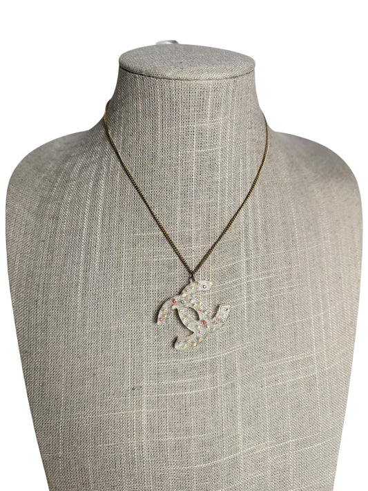 Chanel Crystal CC Logo Pendant Necklace Gold Silver Multicolor T2578