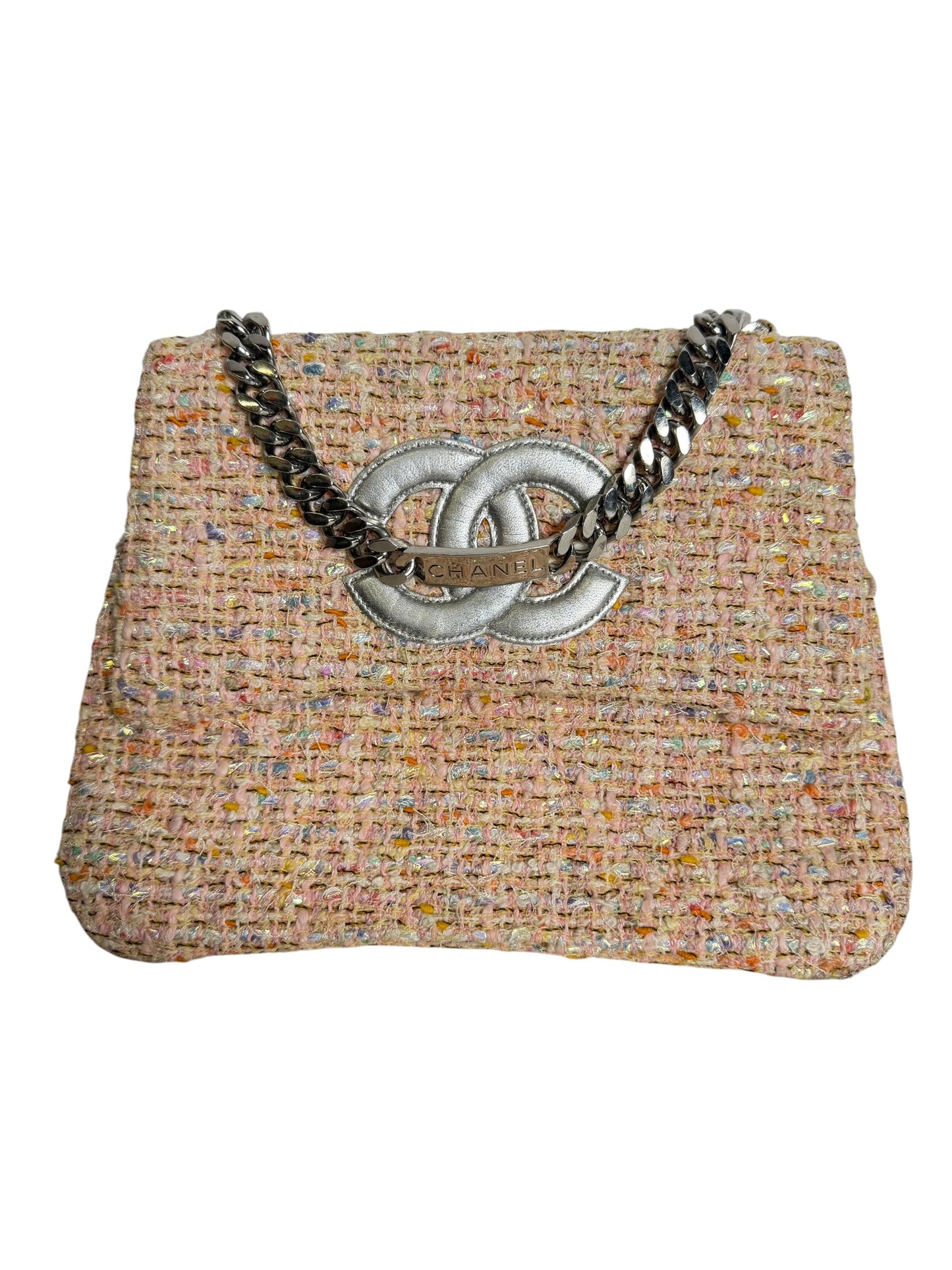 Chanel Pink Tweed CC Logo Chain Shoulder Bag T1971