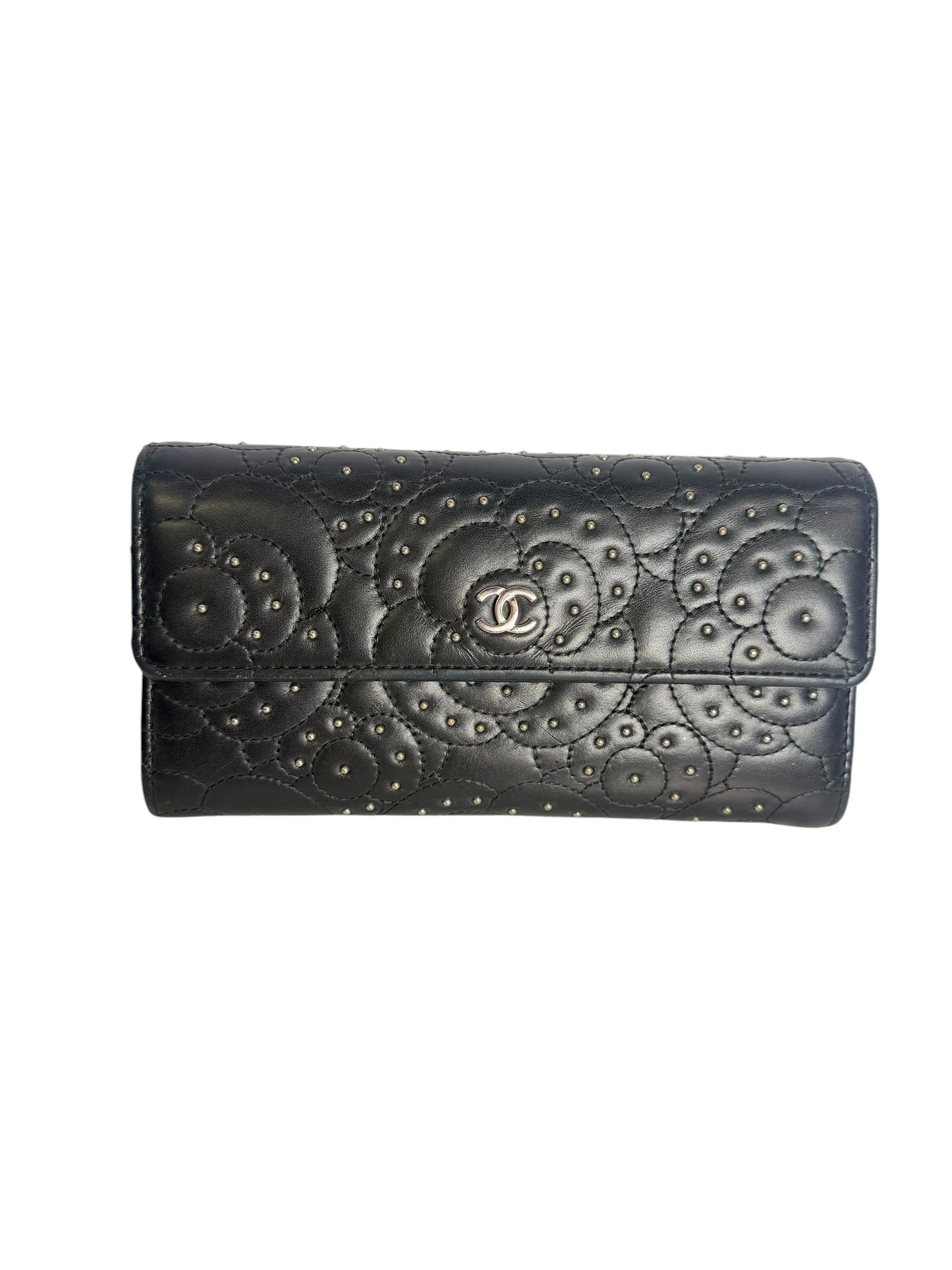 Chanel Camellia Studded Lambskin Long Flap Wallet Black T6553