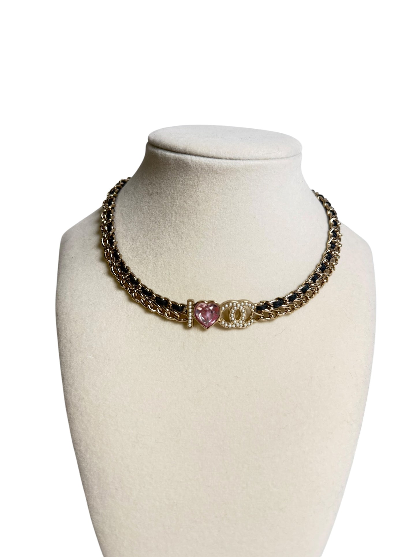 Chanel I Love Coco Heart Chain Necklace Gold Black Pink T1256