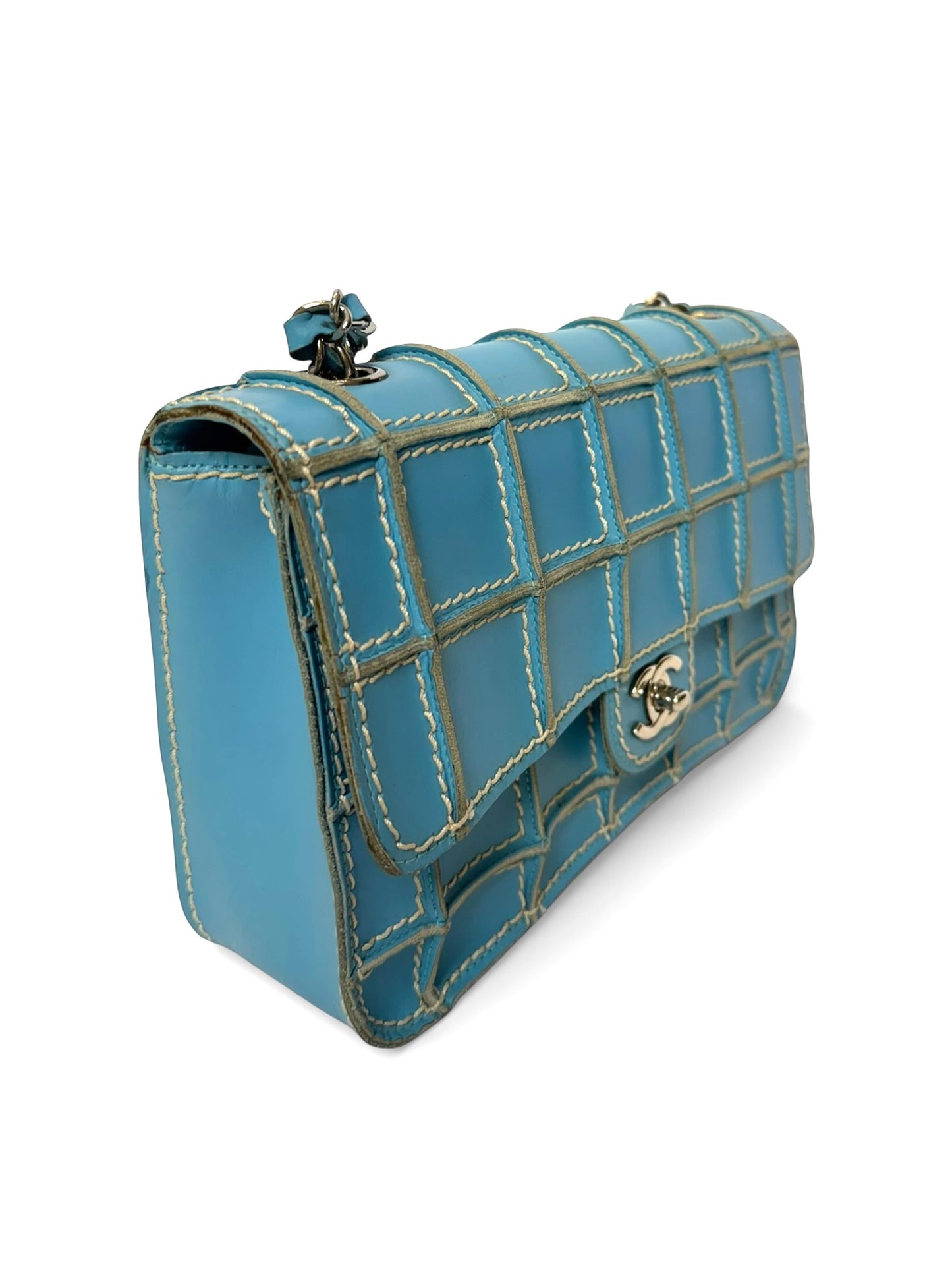 Chanel vintage turquoise wild stitch chocolate bar classic single flap