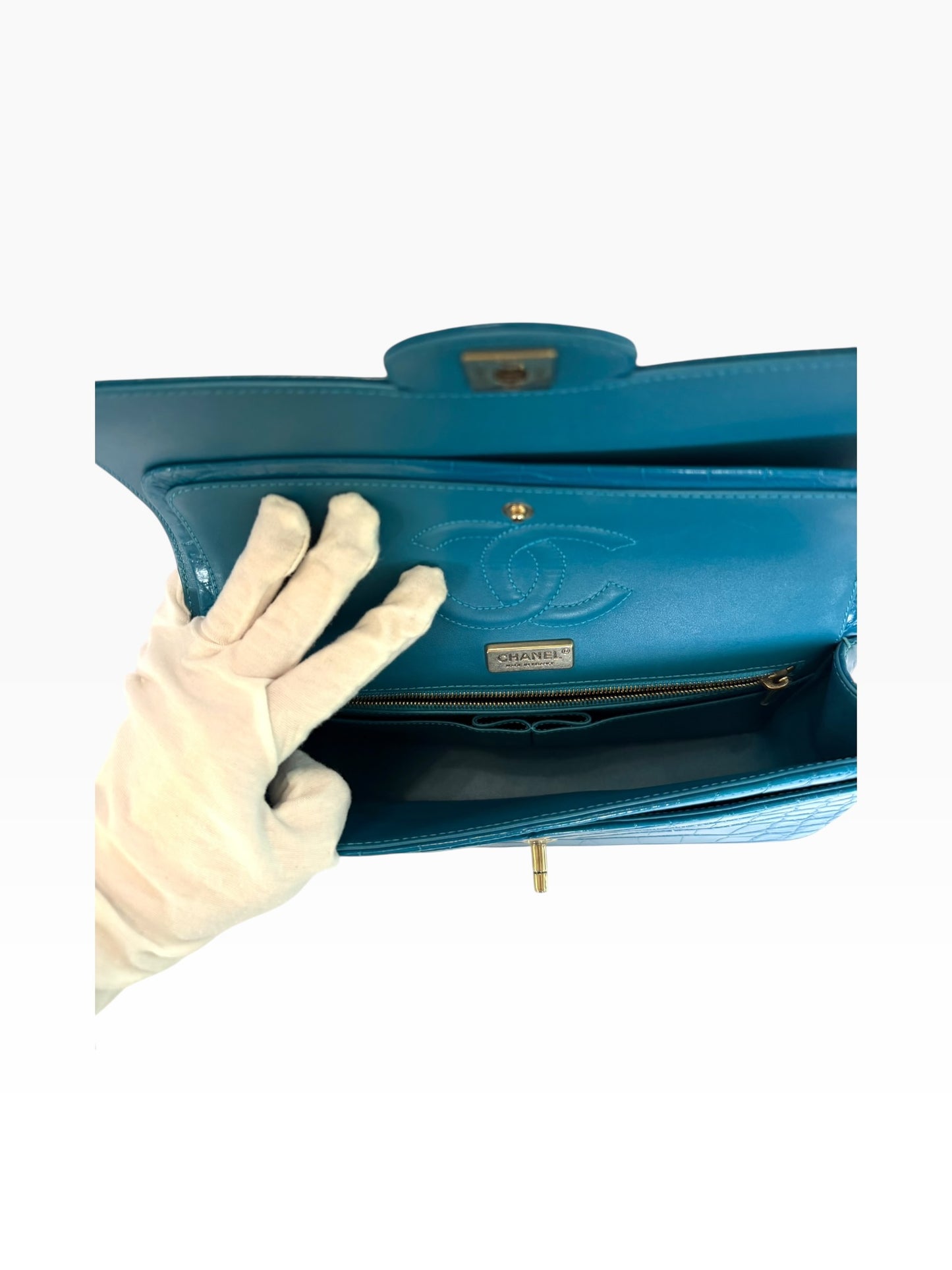 Chanel Blue Crocodile Classic Medium Double Flap GHW FILM ON
