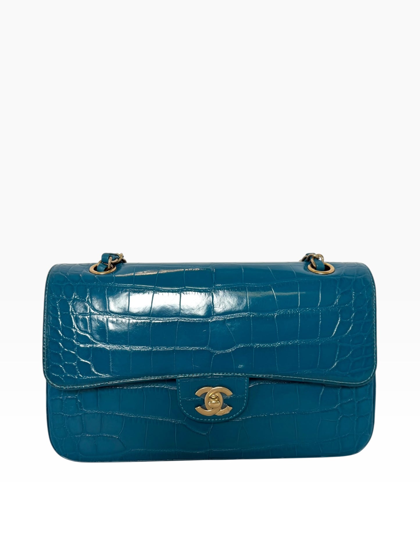 Chanel Blue Crocodile Classic Medium Double Flap GHW FILM ON