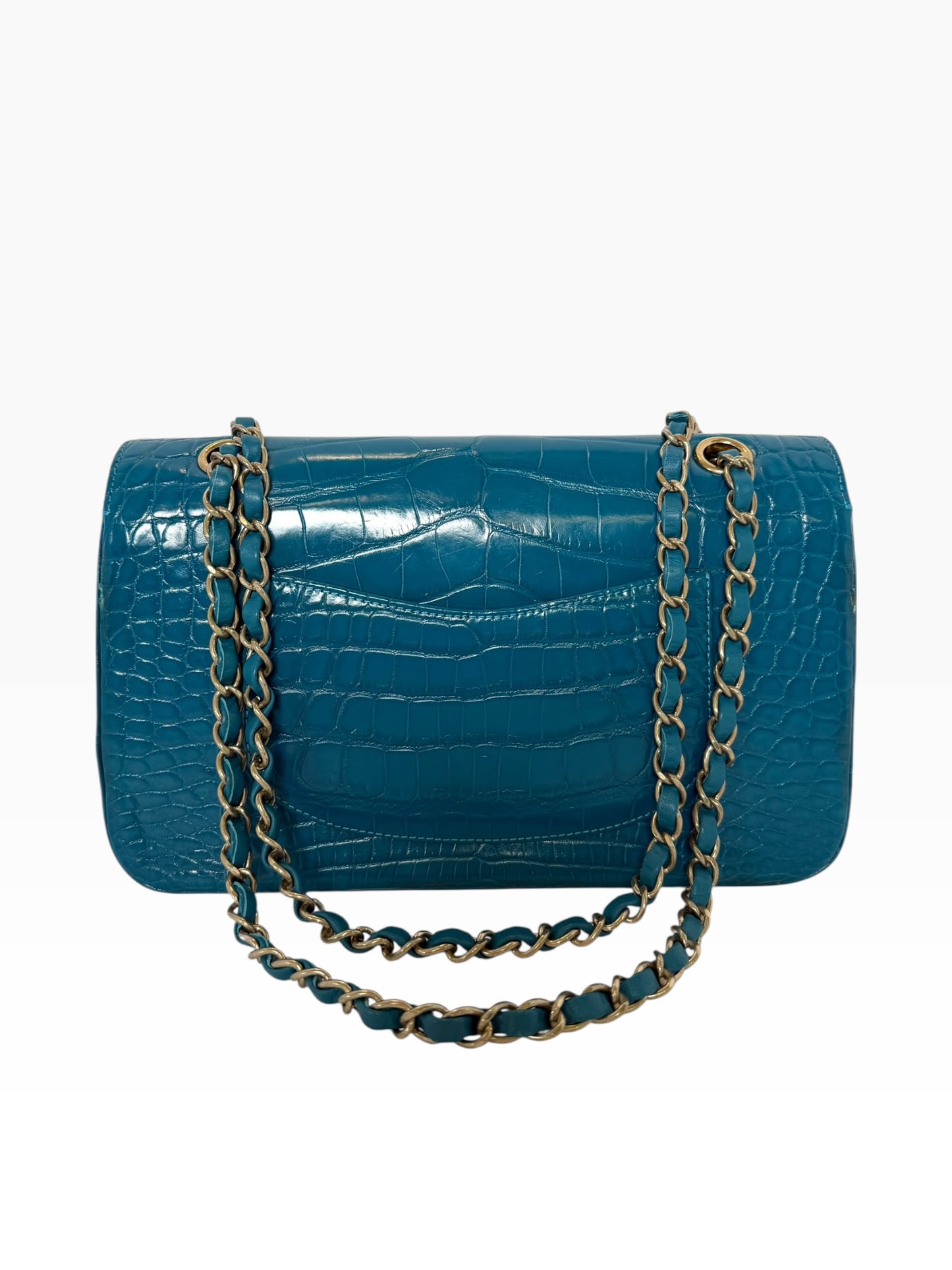 Chanel Blue Crocodile Classic Medium Double Flap GHW FILM ON