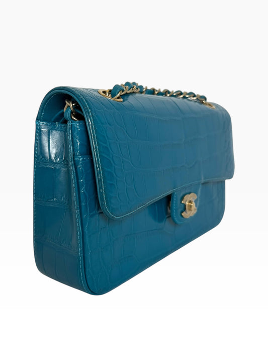 Chanel Blue Crocodile Classic Medium Double Flap GHW FILM ON