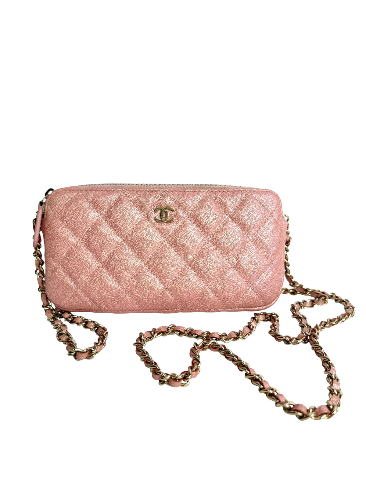Chanel Small Iridescent Pink Double Zip Clutch With Chain T9156